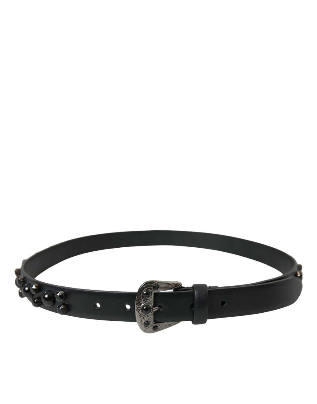 Dolce & Gabbana black leather belt with embellished engraved buckle, stylish accessory with detailed metalwork.