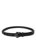 Dolce & Gabbana black leather belt with embellished engraved buckle, stylish accessory with detailed metalwork.