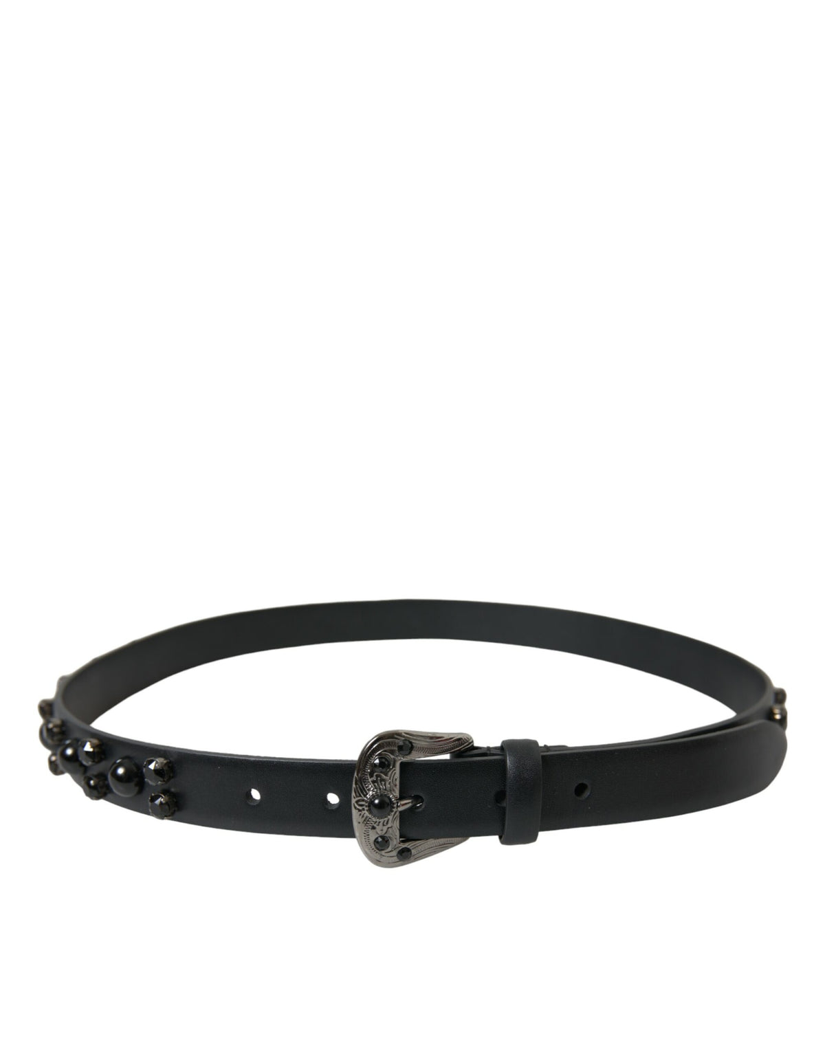 Dolce & Gabbana black leather belt with embellished engraved buckle, stylish accessory with detailed metalwork.