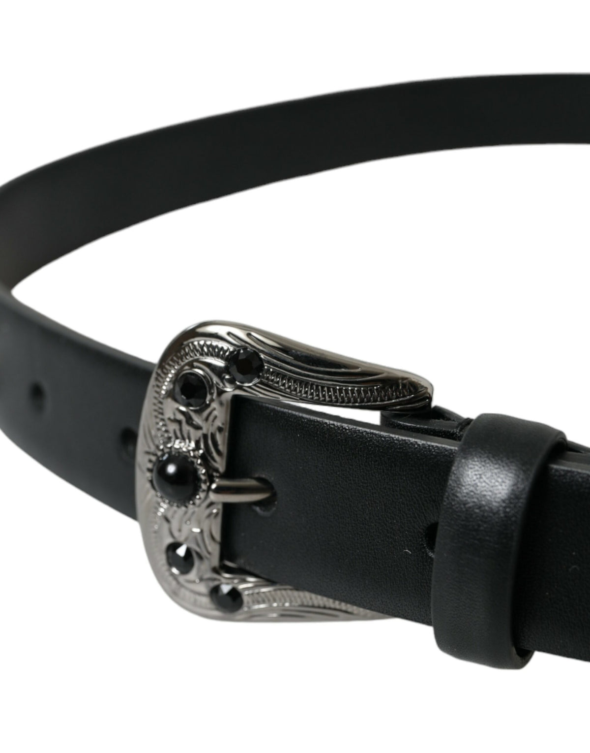 Dolce & Gabbana black leather belt with embellished engraved buckle and detailed design.