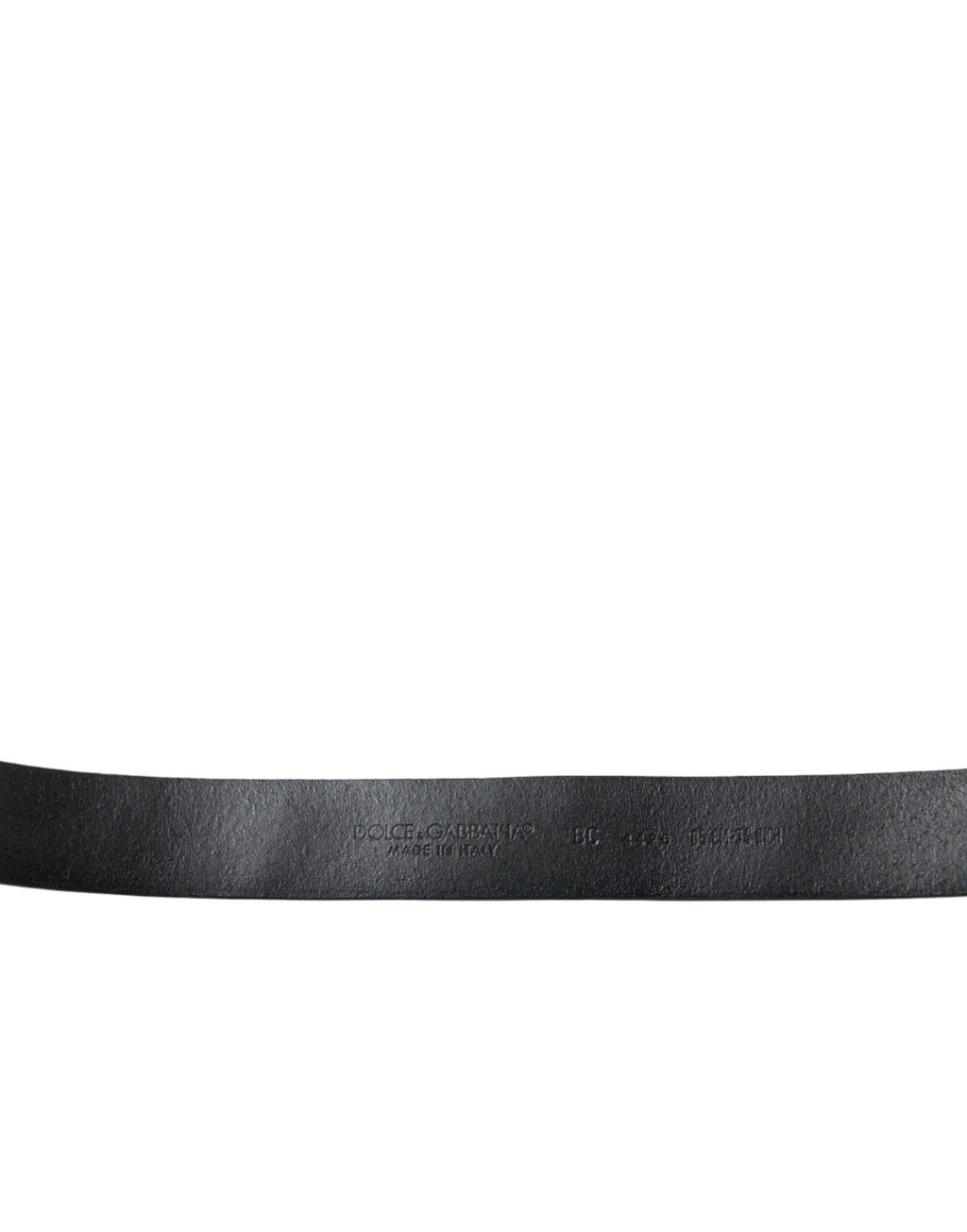 Dolce & Gabbana black leather belt with embellished engraved buckle, featuring detailed craftsmanship and stylish design.