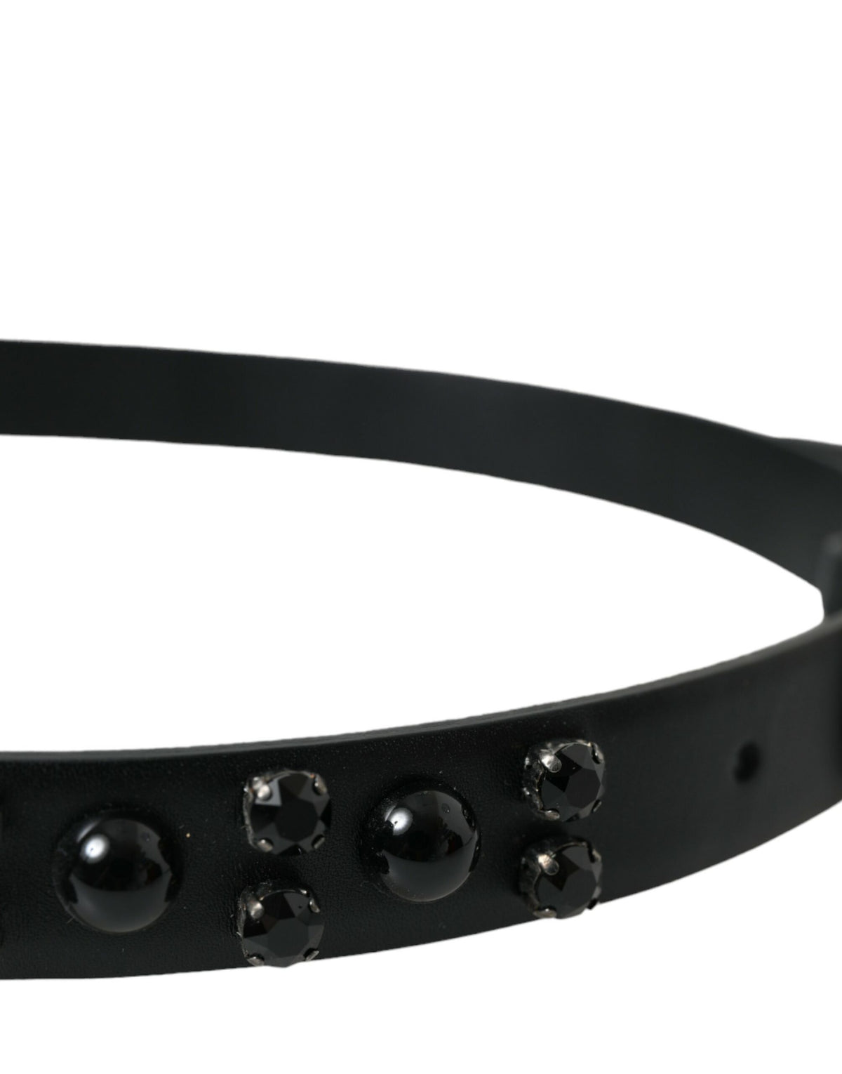 Dolce & Gabbana black leather belt with embellished details and engraved buckle, stylish accessory for men or women.