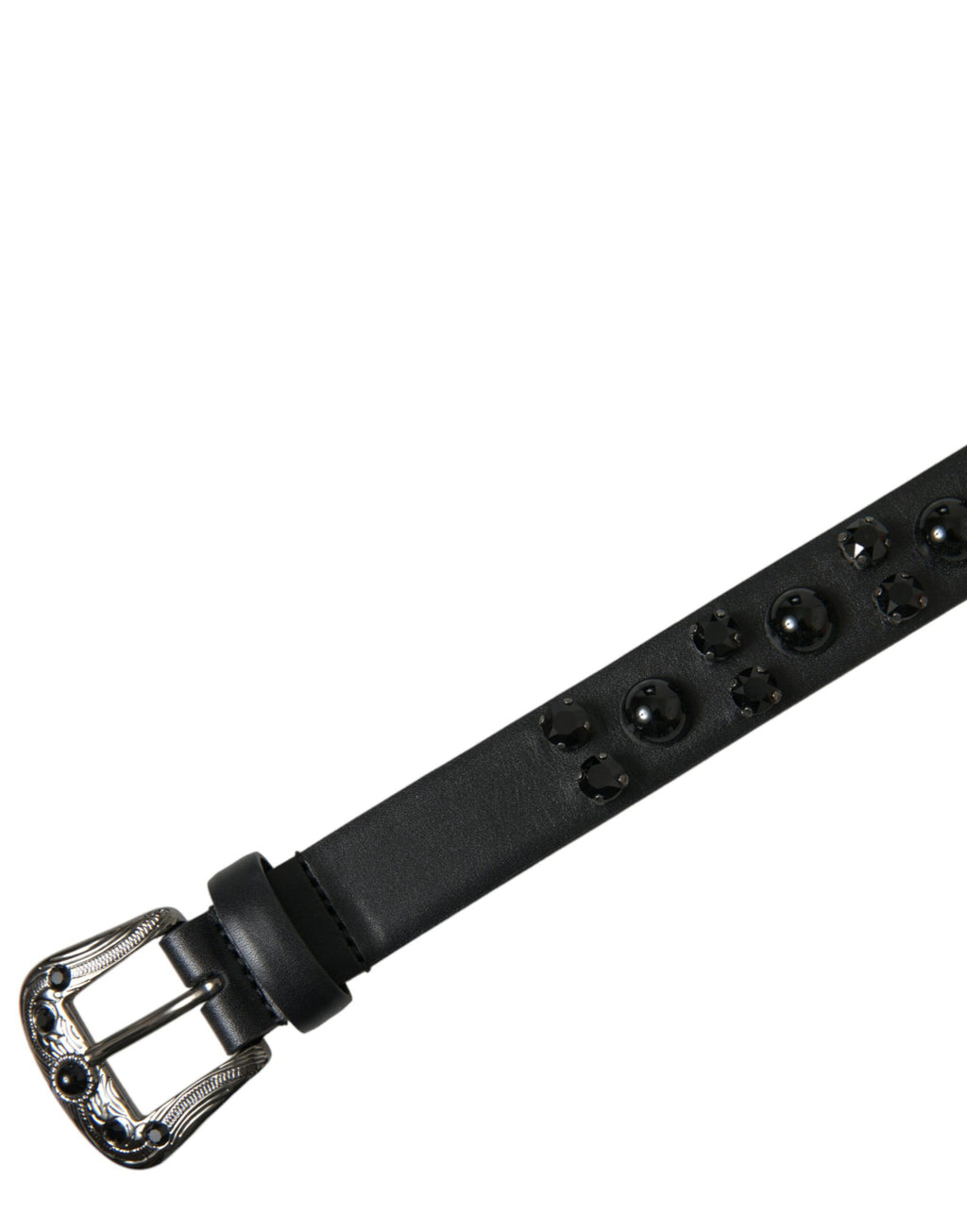 Dolce & Gabbana black leather belt with embellished engraved buckle and sophisticated design.