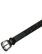 Dolce & Gabbana black leather belt with embellished engraved buckle and sophisticated design.