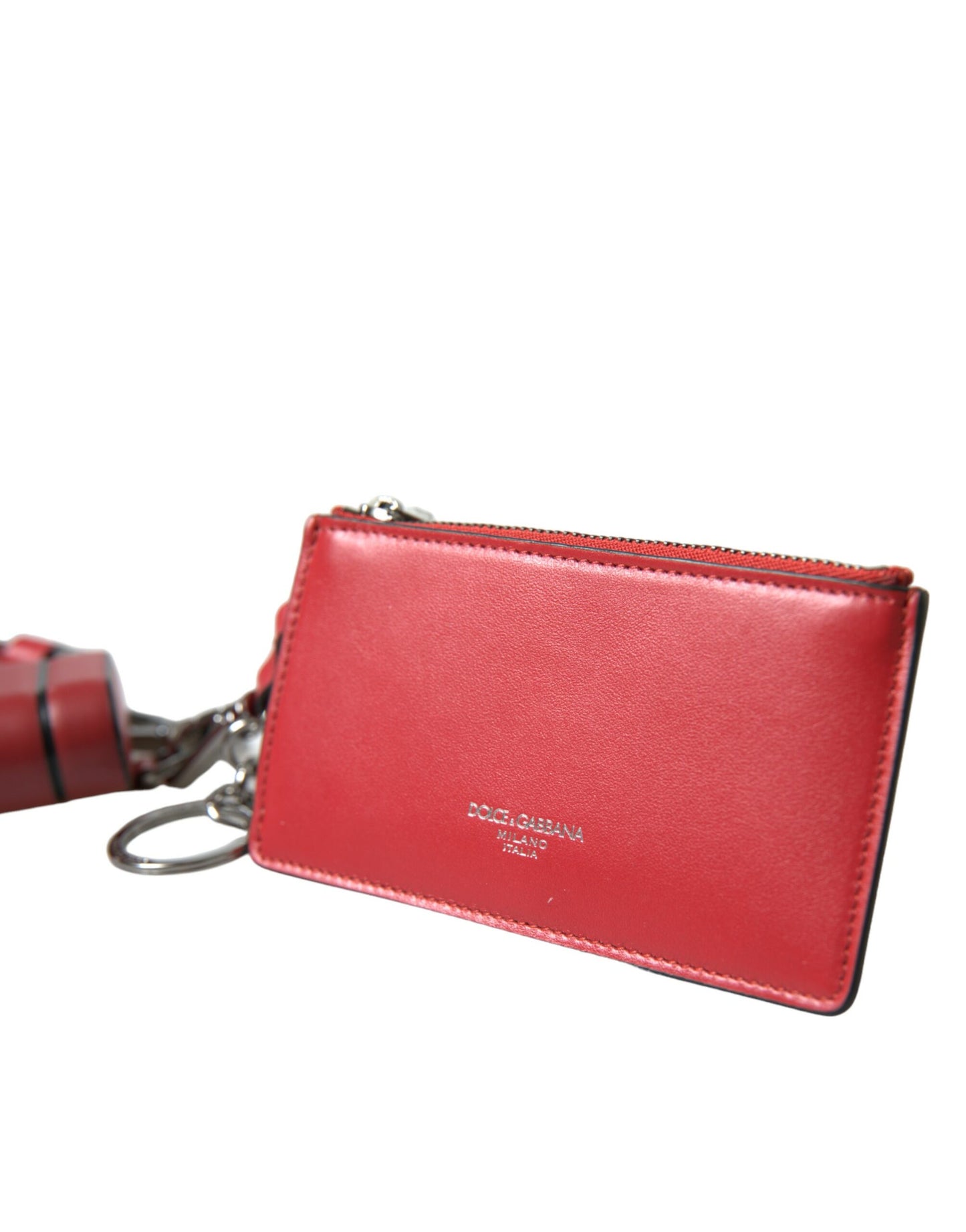 Dolce & Gabbana Red Leather Silver Metal Logo Strap Pouch Airpods Case Dolce & Gabbana