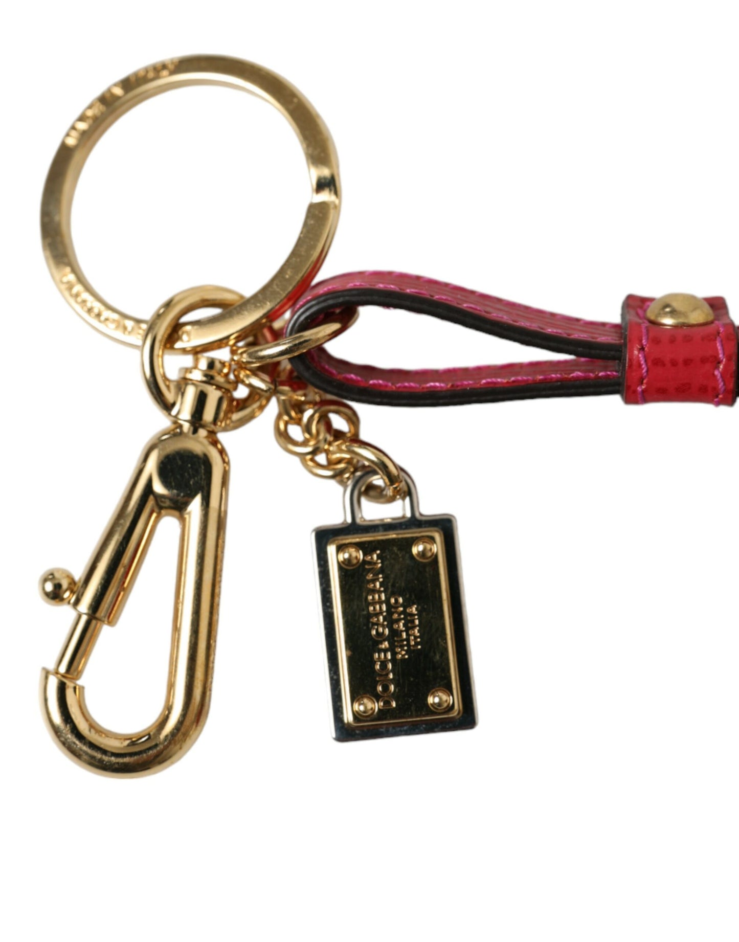 Dolce & Gabbana Red Calf Leather Gold Metal Logo Plaque Keyring Keychain Dolce & Gabbana