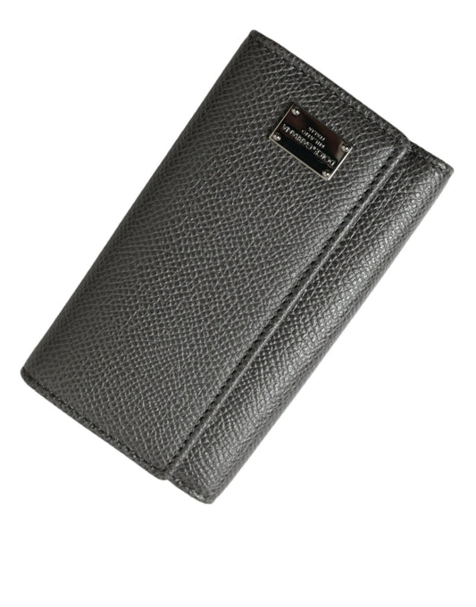 Dolce & Gabbana Gray Leather Silver Metal Logo Plaque Trifold Keyring Dolce & Gabbana