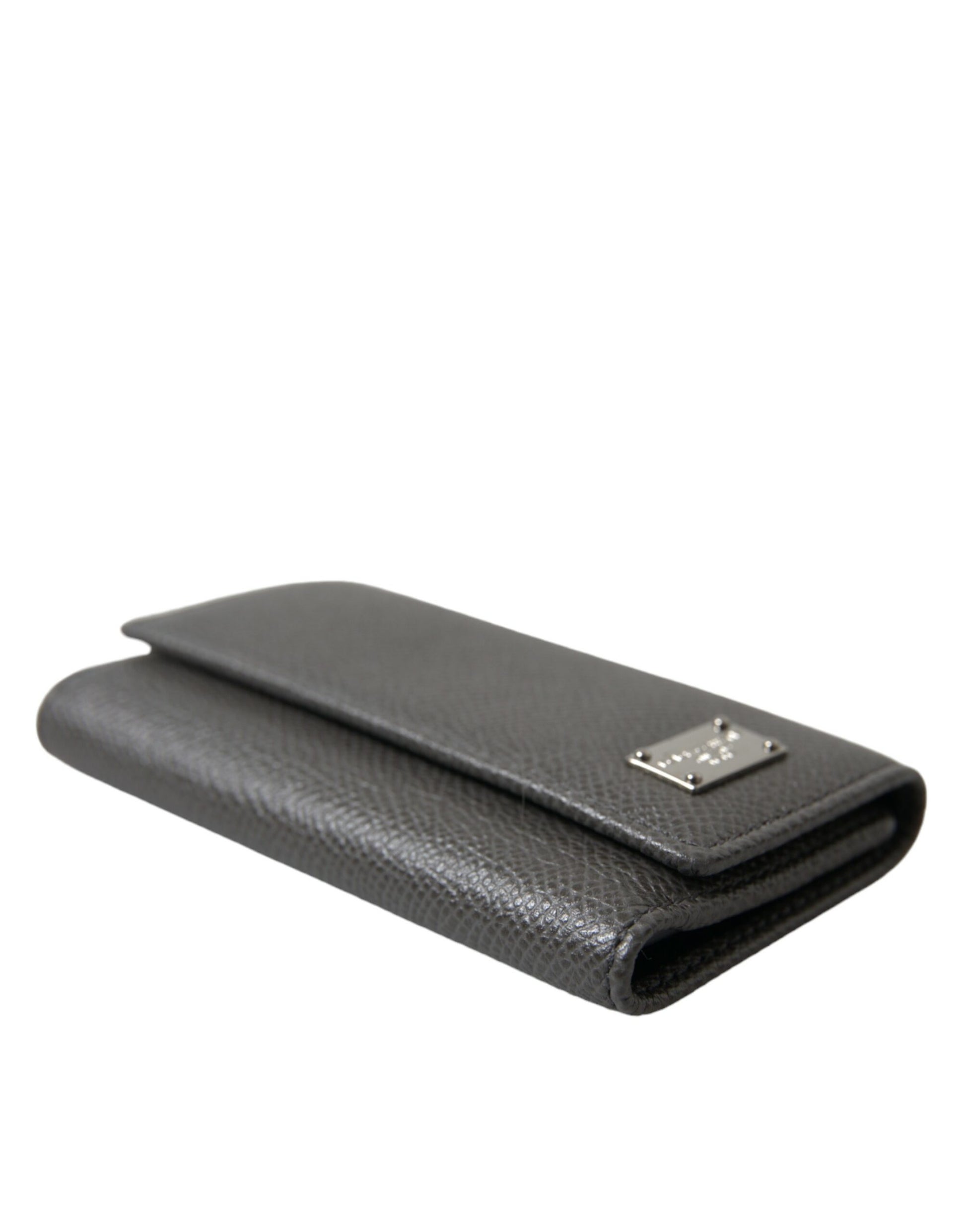 Dolce & Gabbana Gray Leather Silver Metal Logo Plaque Trifold Keyring Dolce & Gabbana
