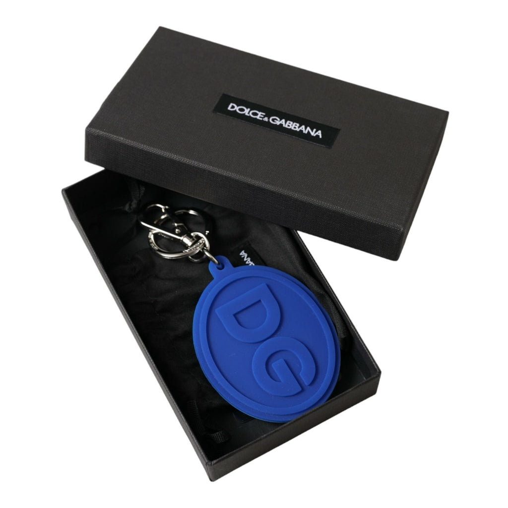 Dolce & Gabbana Blue Rubber DG Logo Silver Brass Metal Keyring Keychain