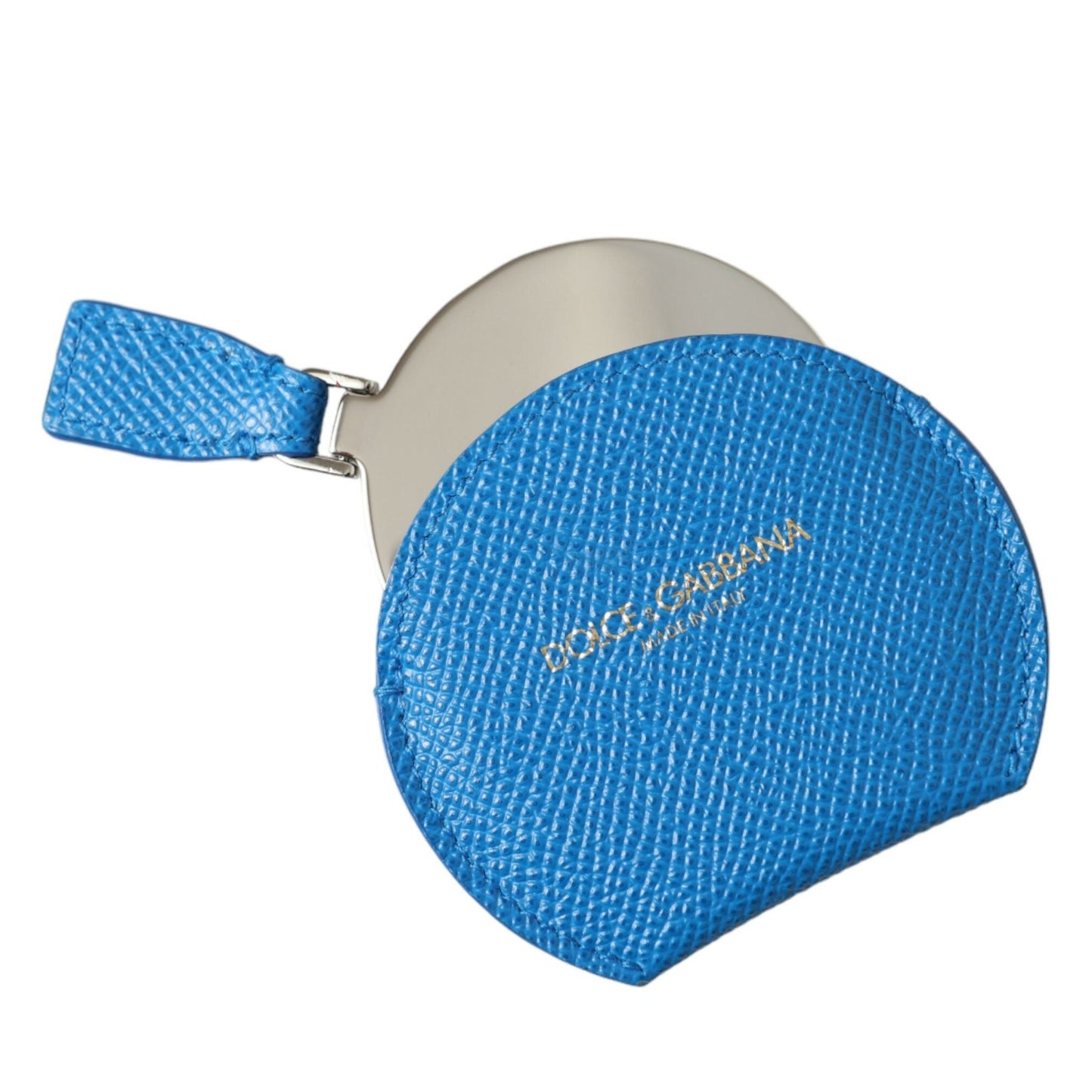 Dolce & Gabbana Blue Calfskin Leather Round Logo Hand Mirror Holder