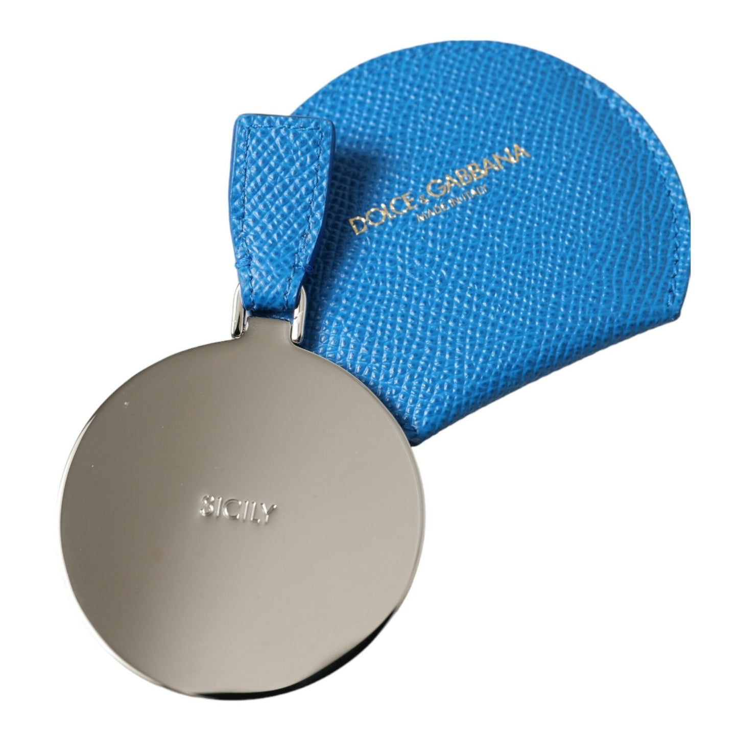 Dolce & Gabbana Blue Calfskin Leather Round Logo Hand Mirror Holder