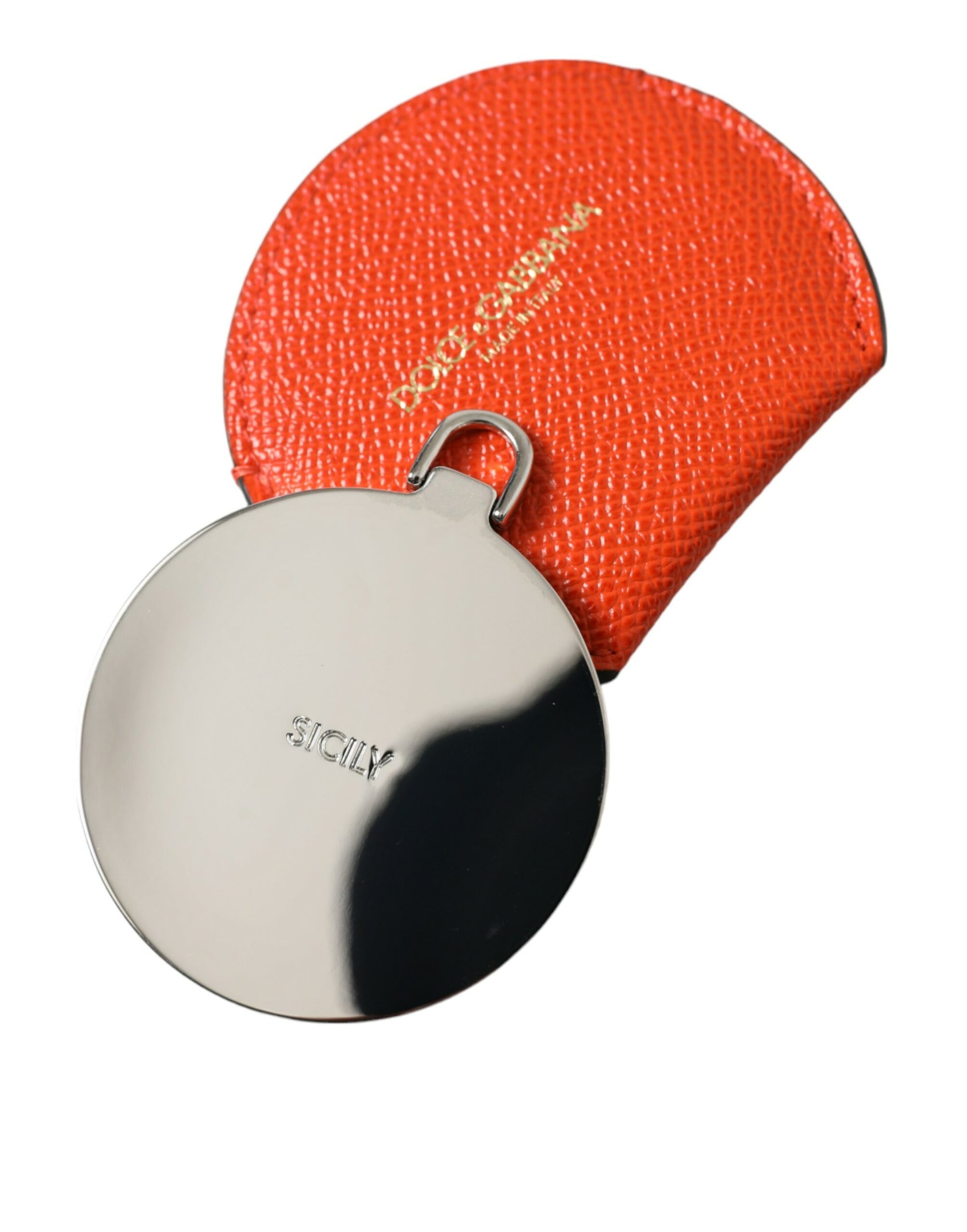 Dolce & Gabbana Orange Calfskin Leather Round Logo Hand Mirror Holder Dolce & Gabbana