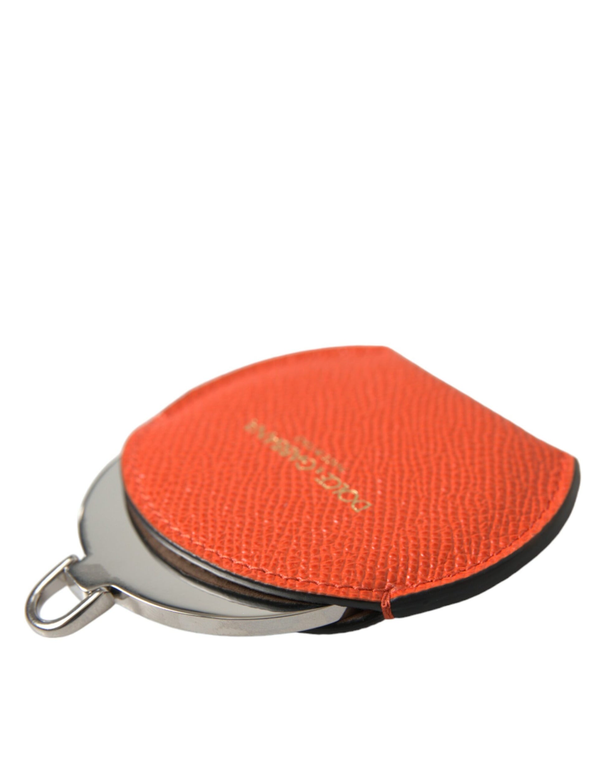 Dolce & Gabbana Orange Calfskin Leather Round Logo Hand Mirror Holder Dolce & Gabbana