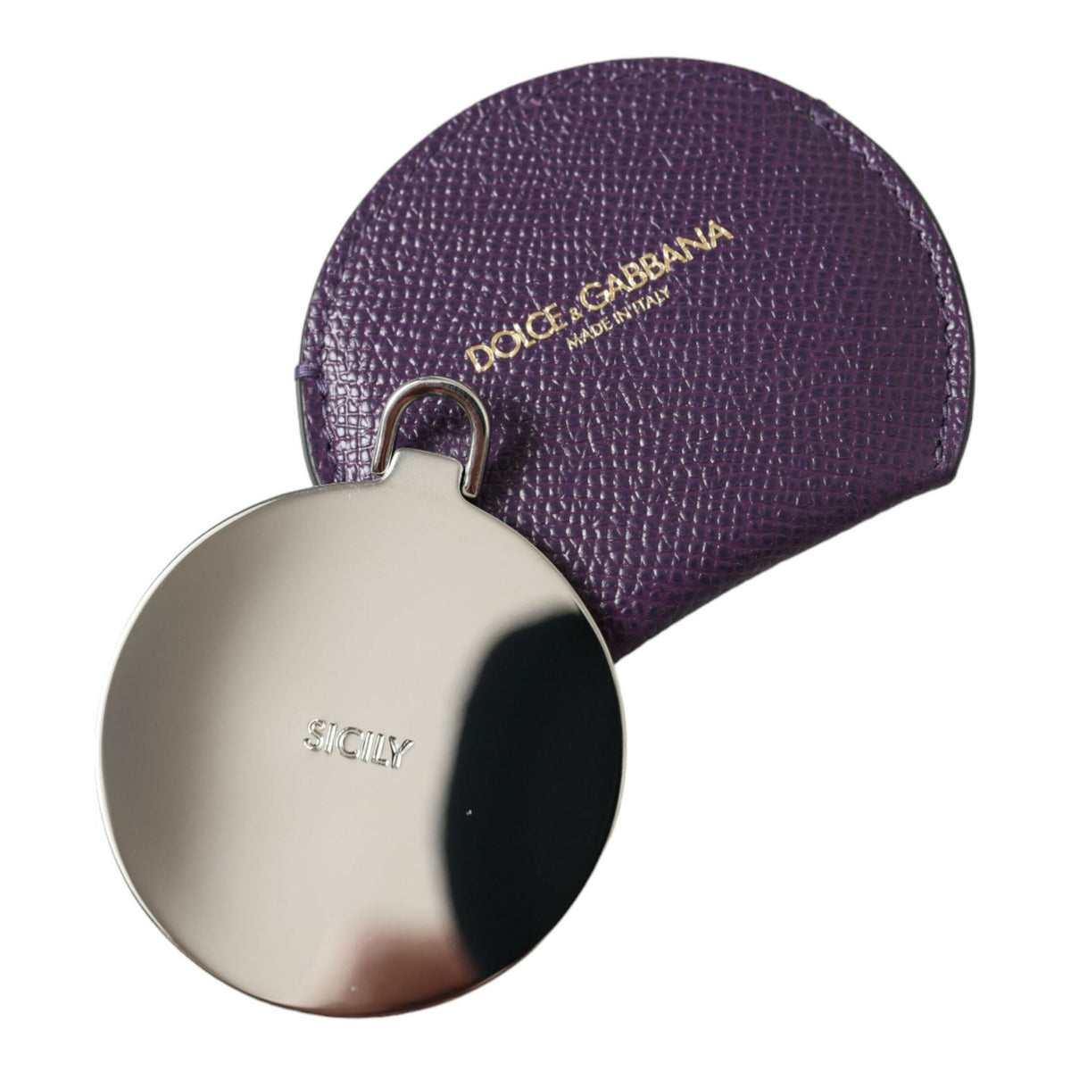 Dolce & Gabbana Purple Calfskin Leather Round Logo Hand Mirror Holder