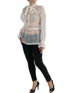 Dolce & Gabbana White Silk Long Sleeves Ascot Collar Top