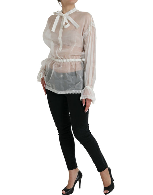 Dolce & Gabbana White Silk Long Sleeves Ascot Collar Top Dolce & Gabbana