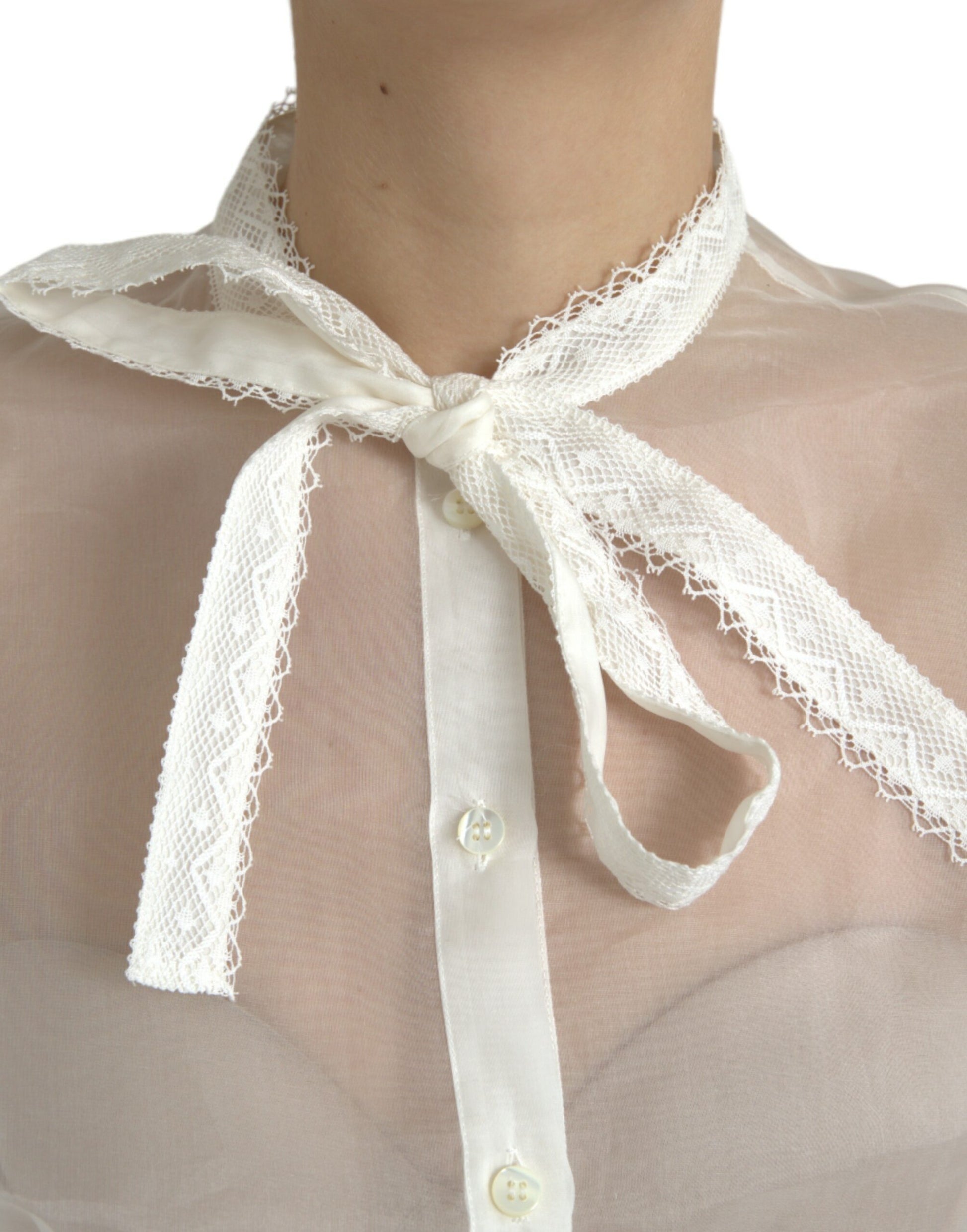 Dolce & Gabbana White Silk Long Sleeves Ascot Collar Top Dolce & Gabbana