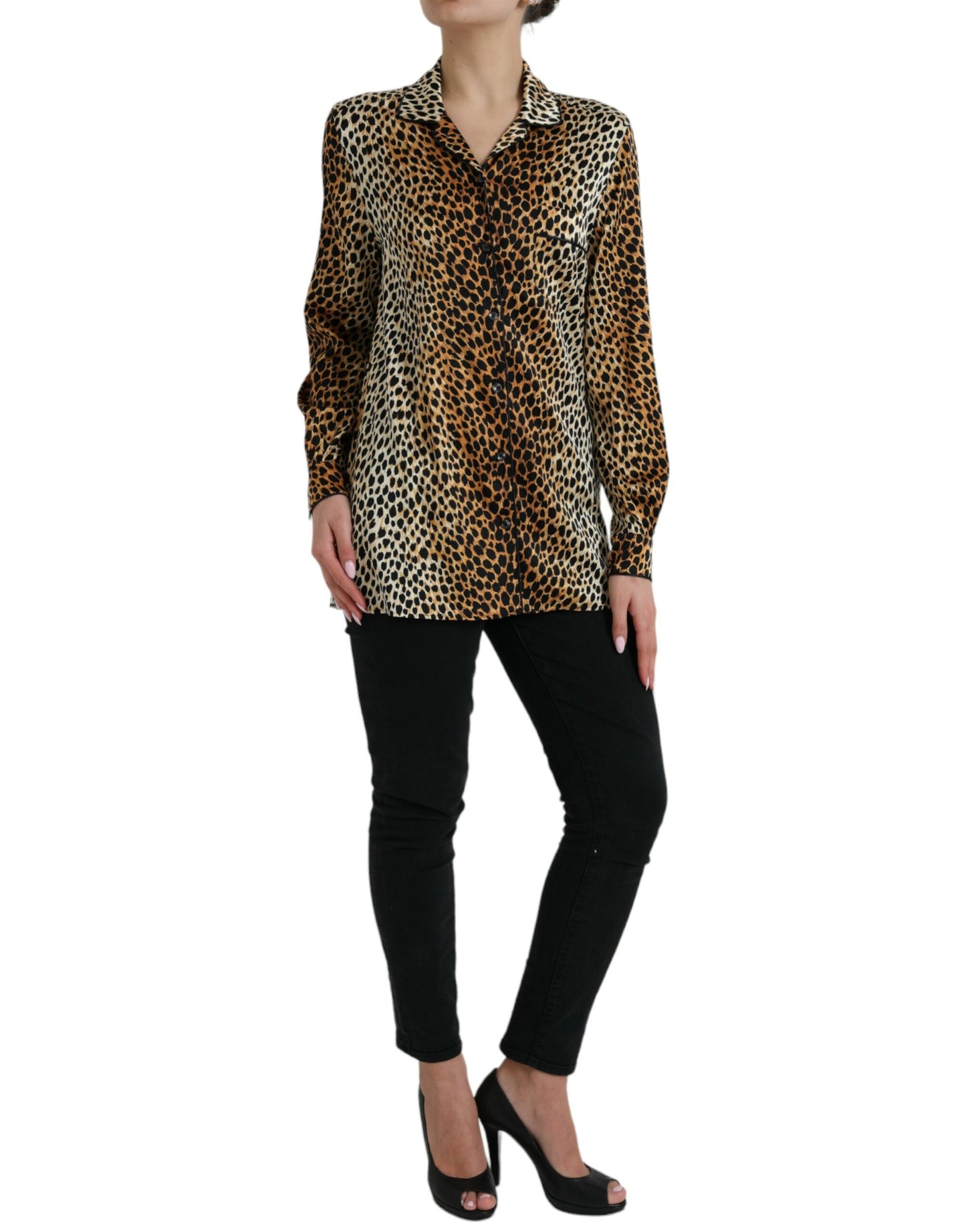 Dolce & Gabbana Brown Leopard Print Long Sleeves Blouse Top Dolce & Gabbana