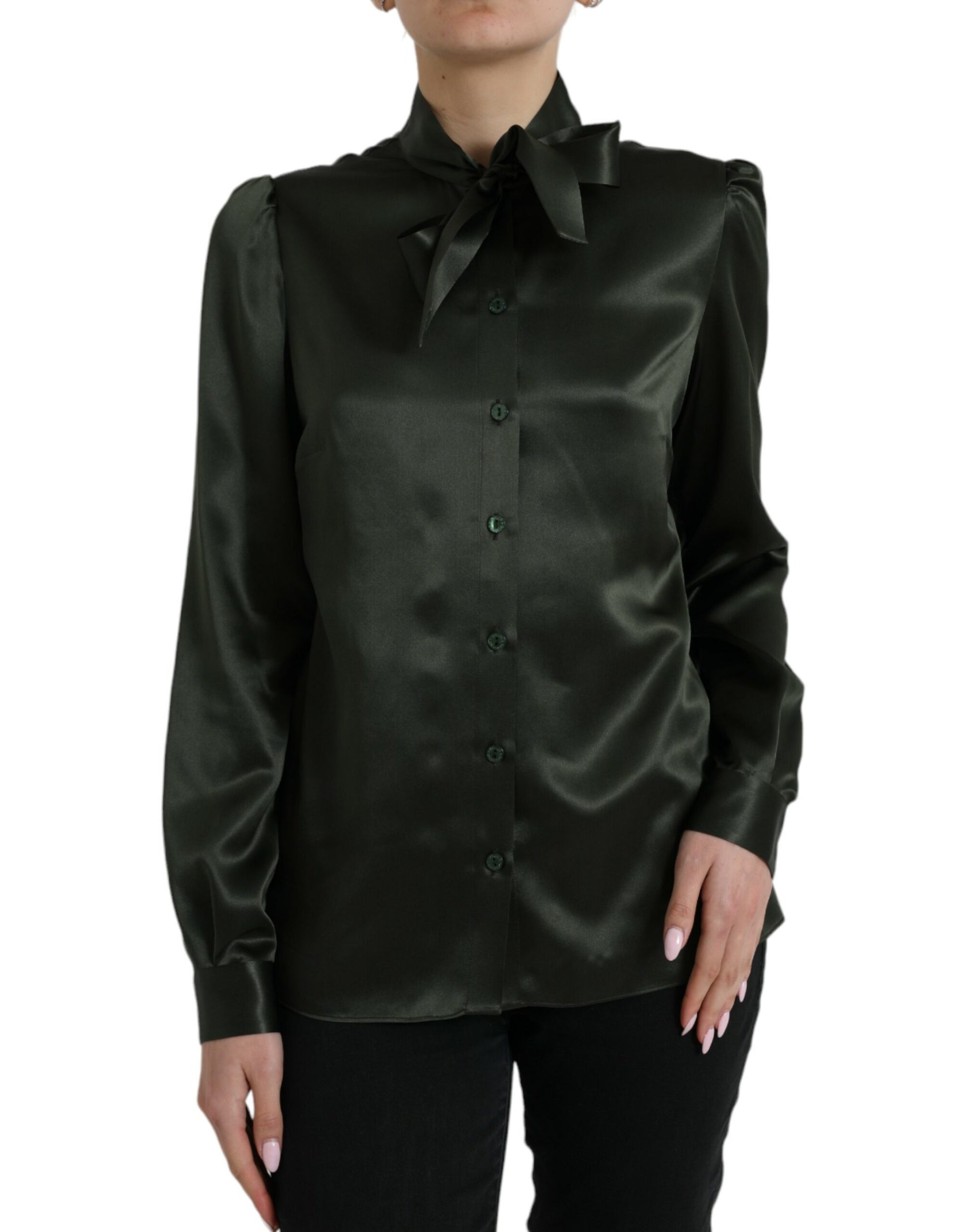 Dolce & Gabbana Gray Long Sleeves Ascot Collar Blouse Top Dolce & Gabbana