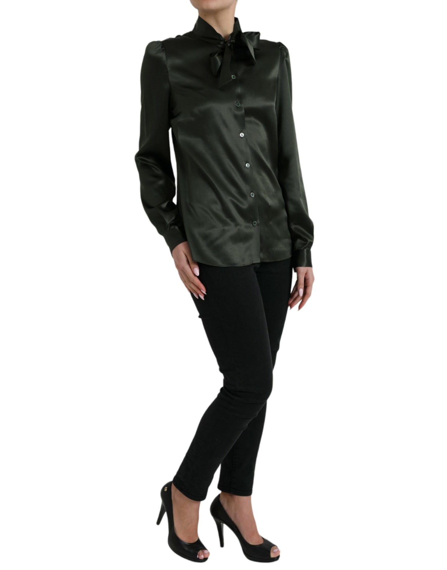 Dolce & Gabbana Gray Long Sleeves Ascot Collar Blouse Top Dolce & Gabbana