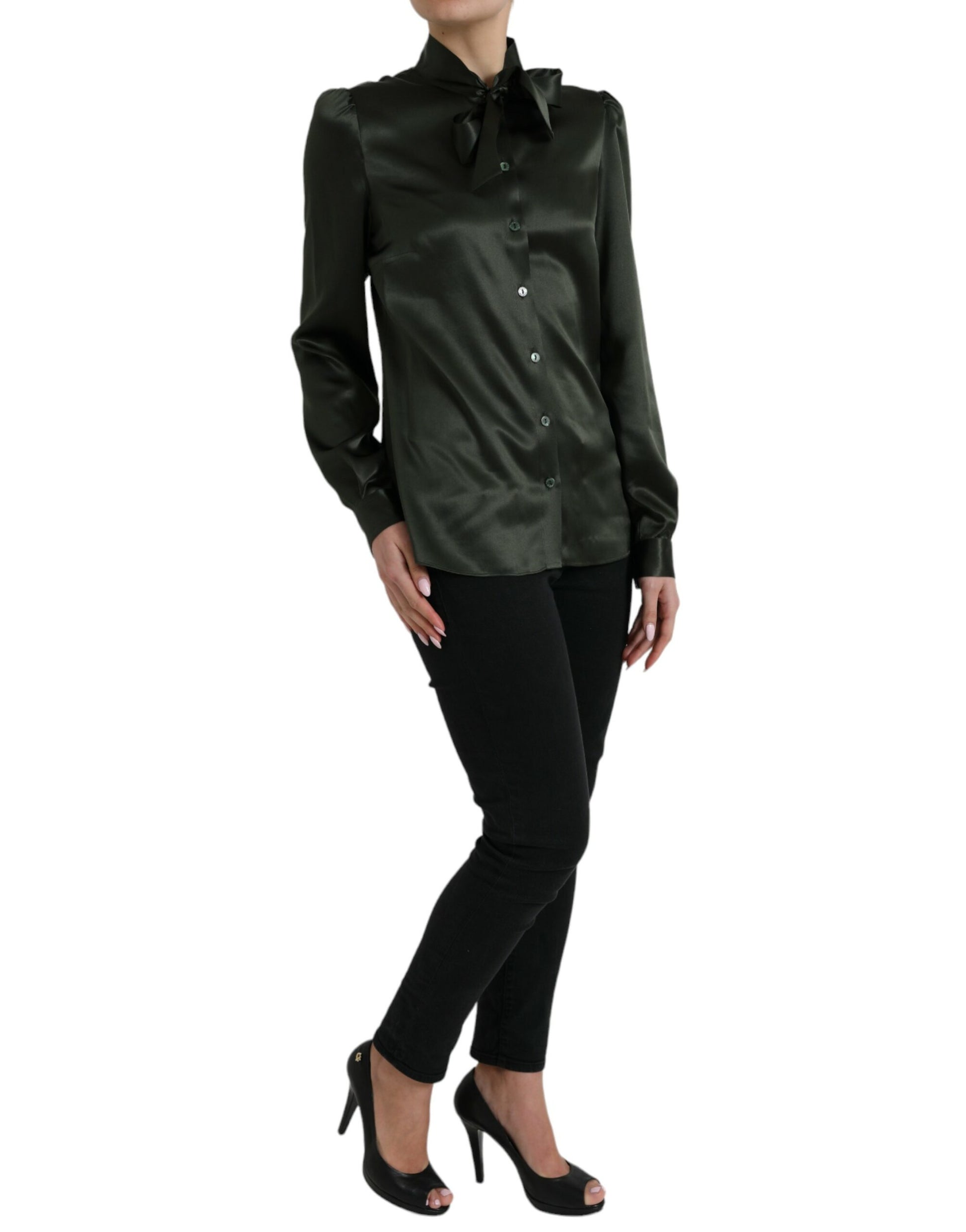Dolce & Gabbana Gray Long Sleeves Ascot Collar Blouse Top Dolce & Gabbana