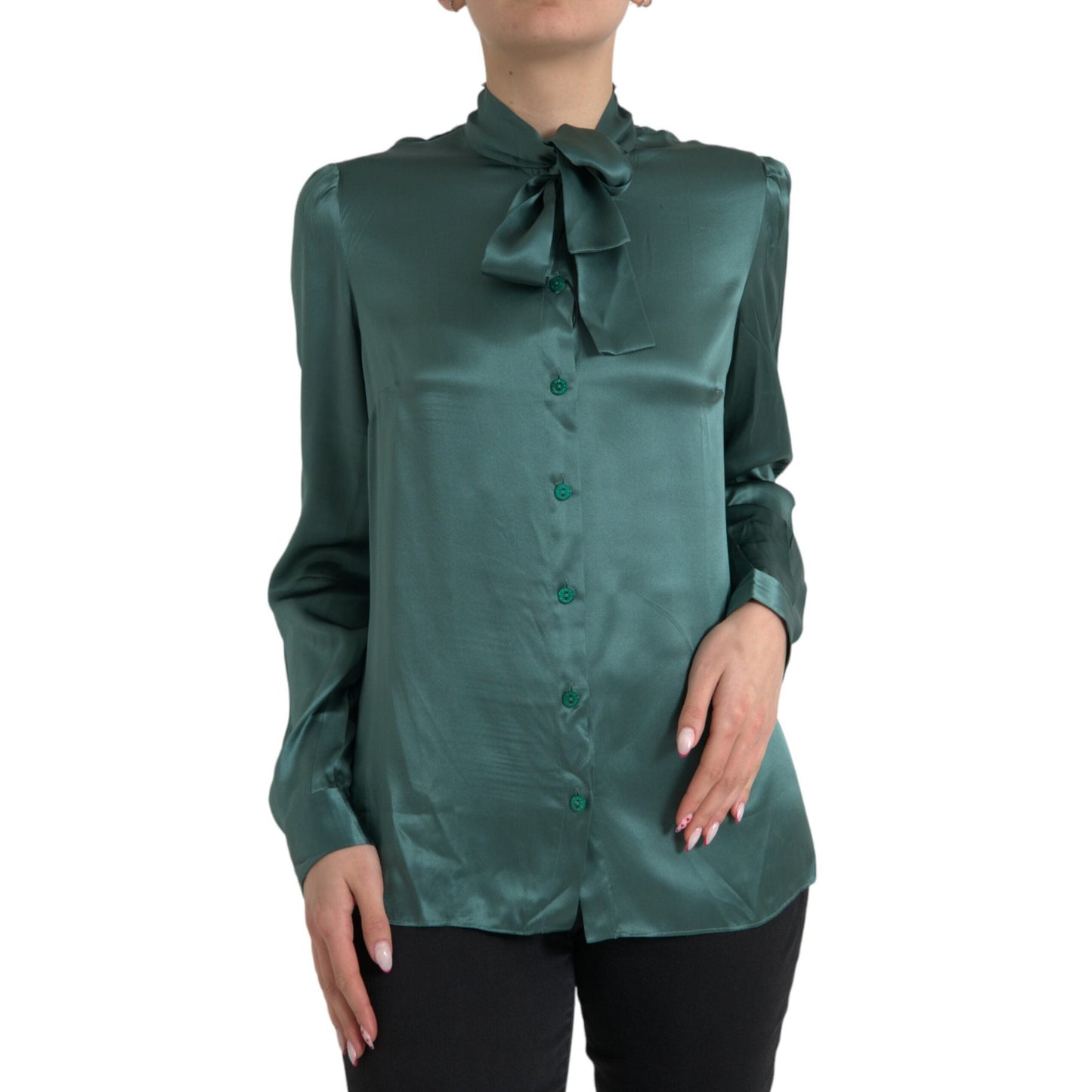 Dolce & Gabbana Dark Green Silk Ascot Collar Blouse Top Dolce & Gabbana