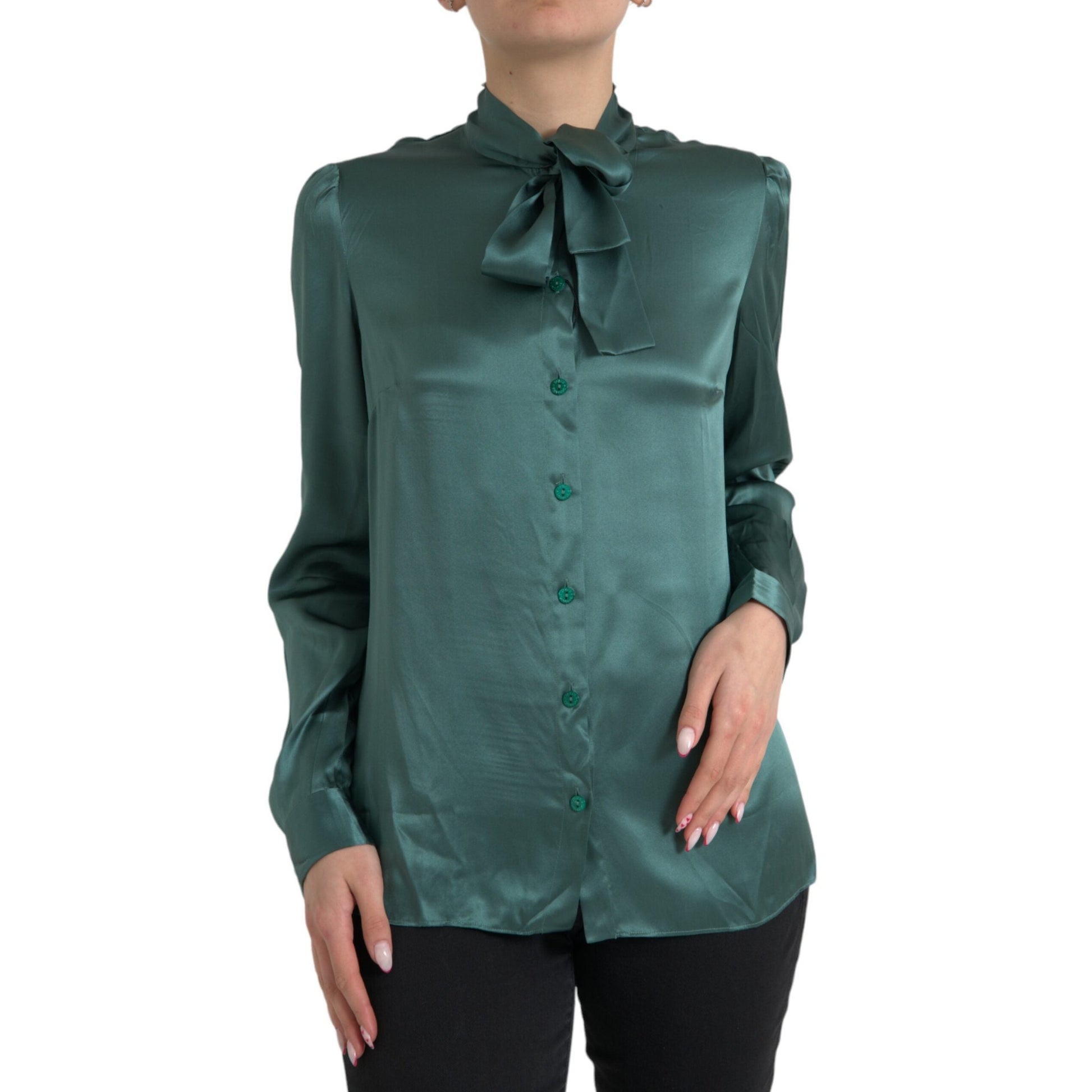 Dolce & Gabbana Dark Green Silk Ascot Collar Blouse Top Dolce & Gabbana