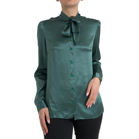 Dolce & Gabbana Dark Green Silk Ascot Collar Blouse Top Dolce & Gabbana