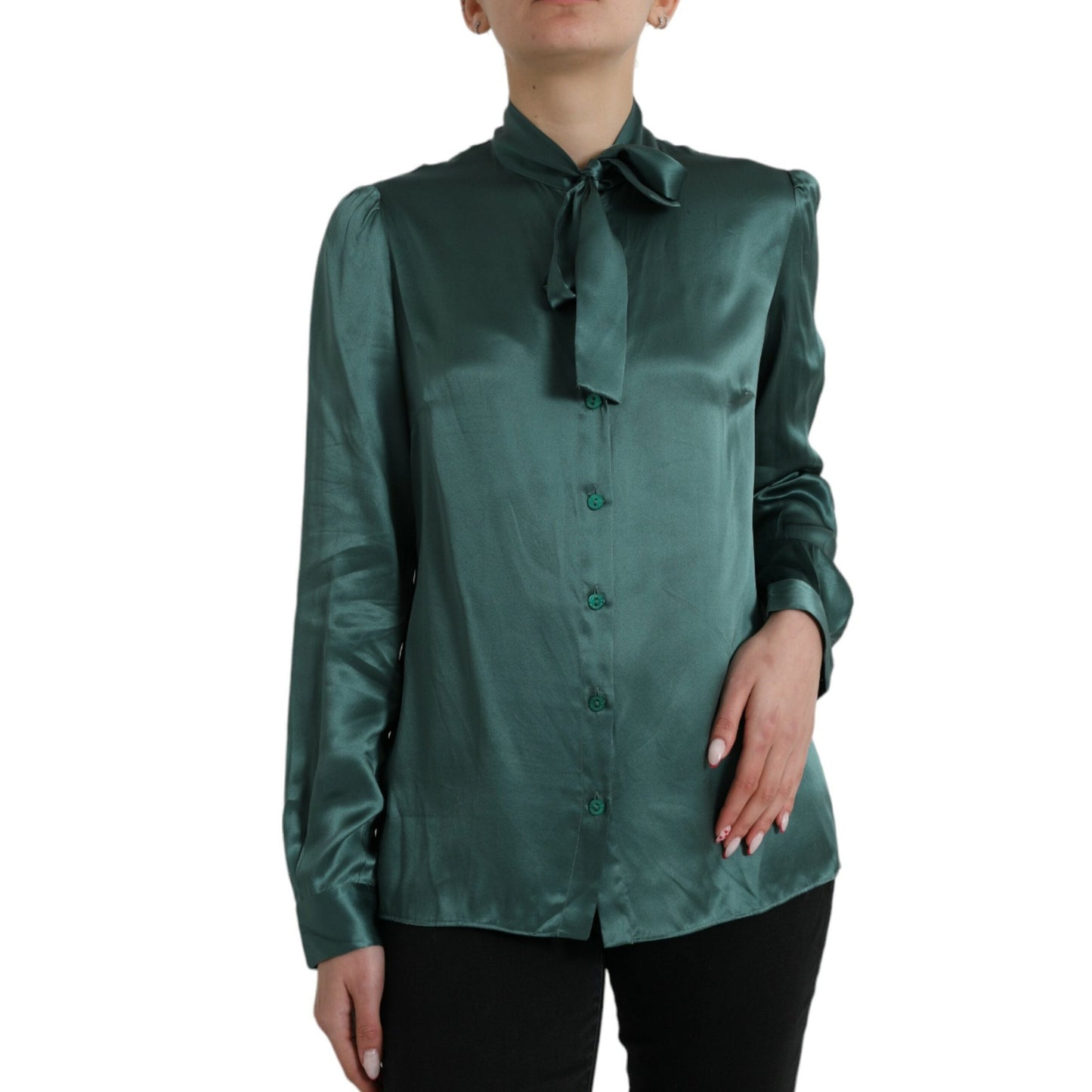 Dolce & Gabbana Dark Green Silk Ascot Collar Blouse Top Dolce & Gabbana