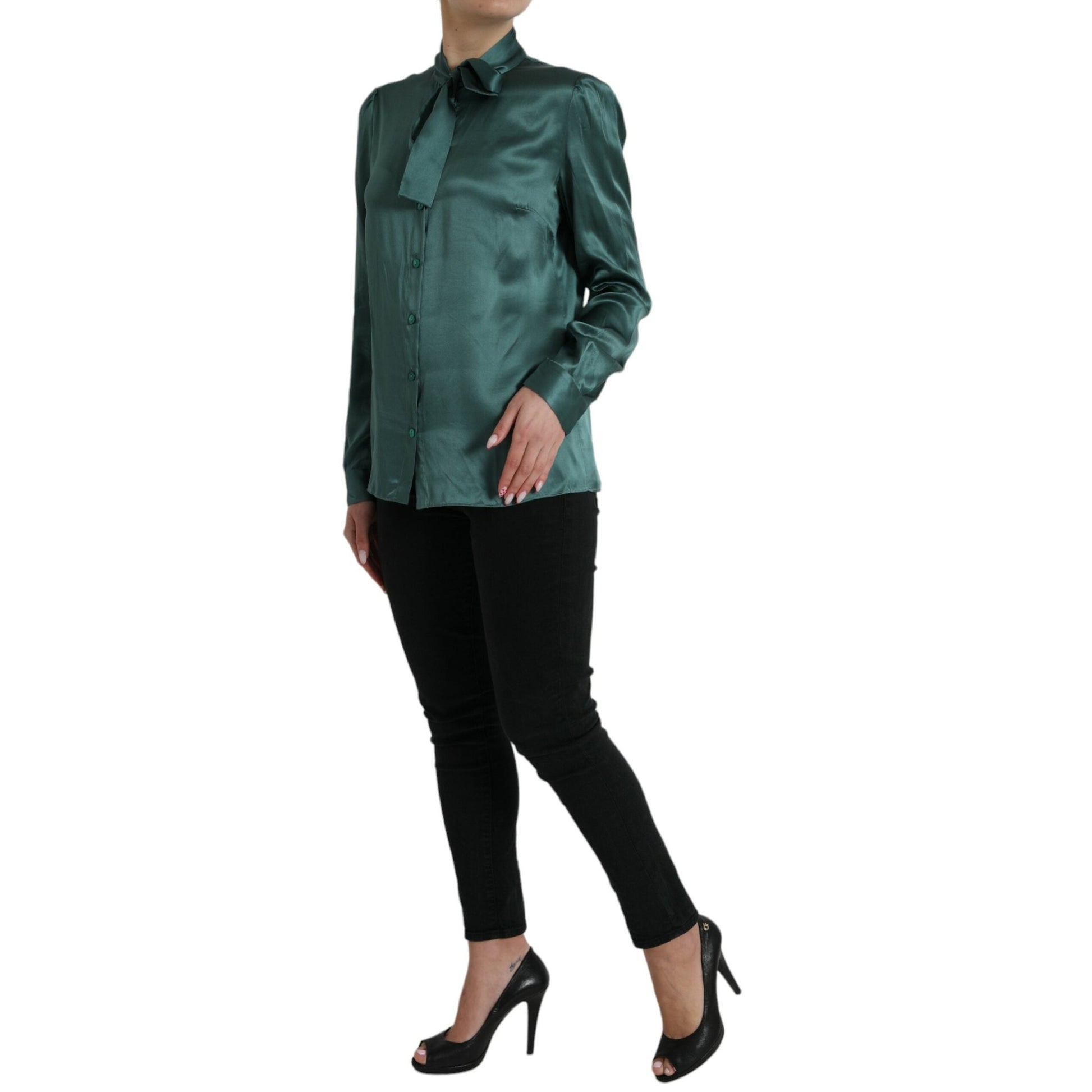 Dolce & Gabbana Dark Green Silk Ascot Collar Blouse Top Dolce & Gabbana