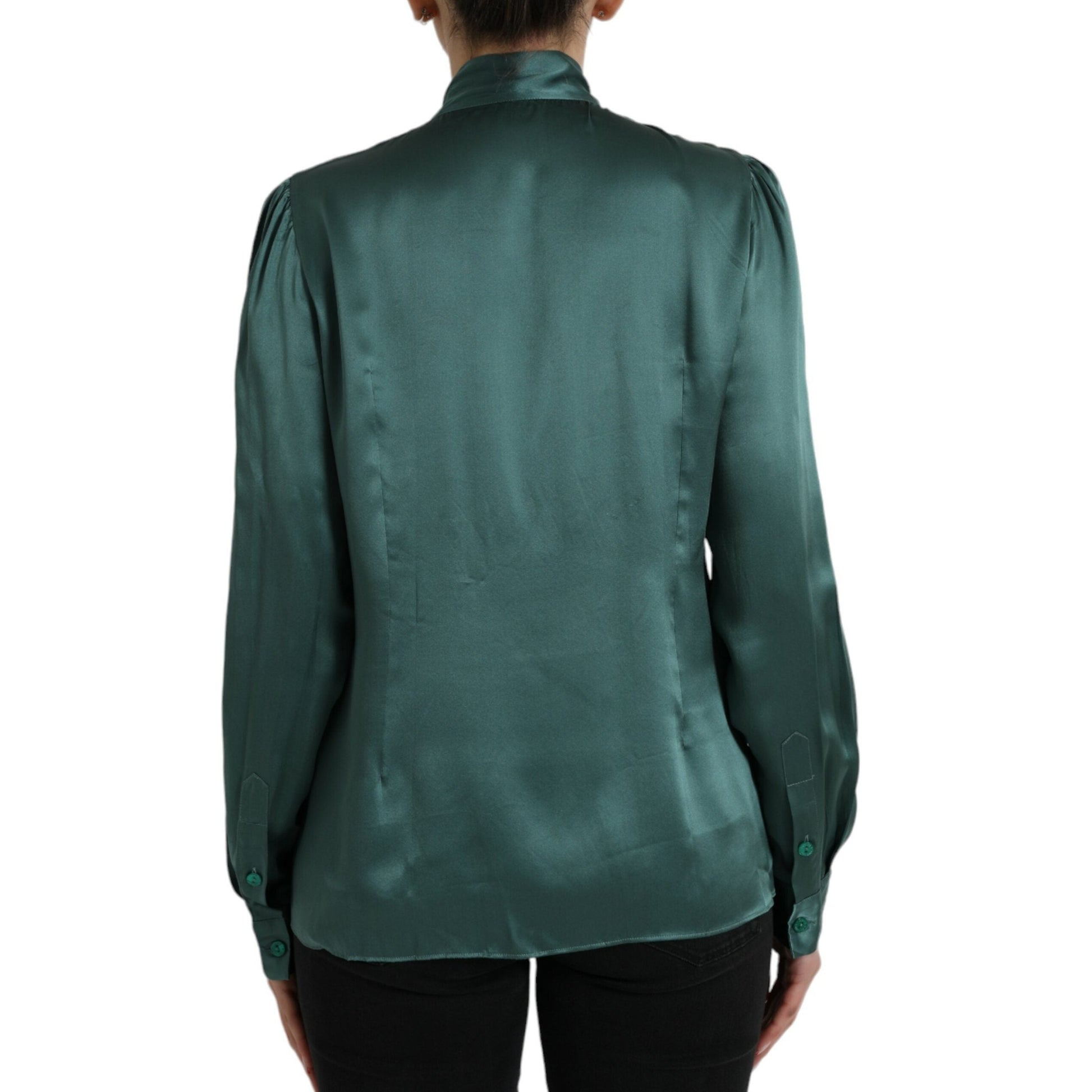 Dolce & Gabbana Dark Green Silk Ascot Collar Blouse Top Dolce & Gabbana