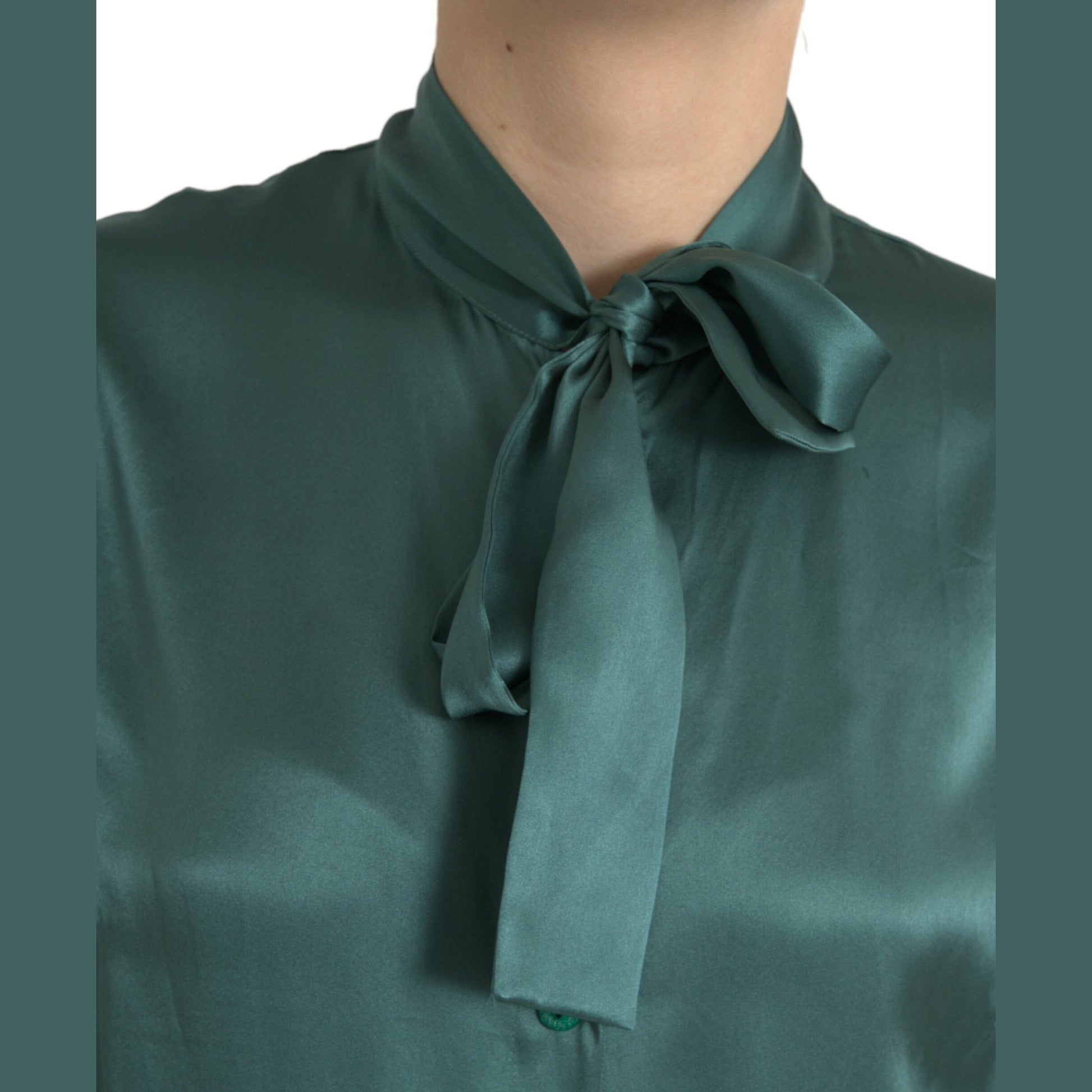 Dolce & Gabbana Dark Green Silk Ascot Collar Blouse Top Dolce & Gabbana