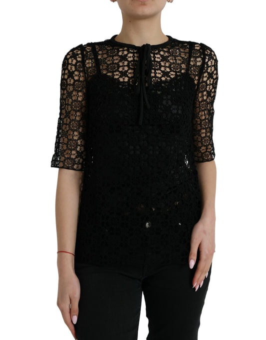 Dolce & Gabbana Black Floral Lace Short Sleeves Blouse Top Dolce & Gabbana
