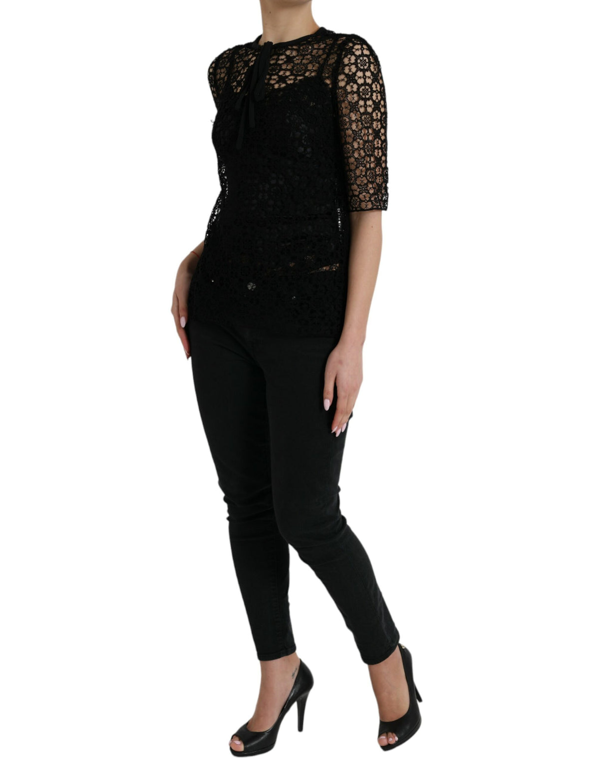 Dolce & Gabbana black floral lace blouse with short sleeves and delicate detailing, elegant and stylish for any occasion.