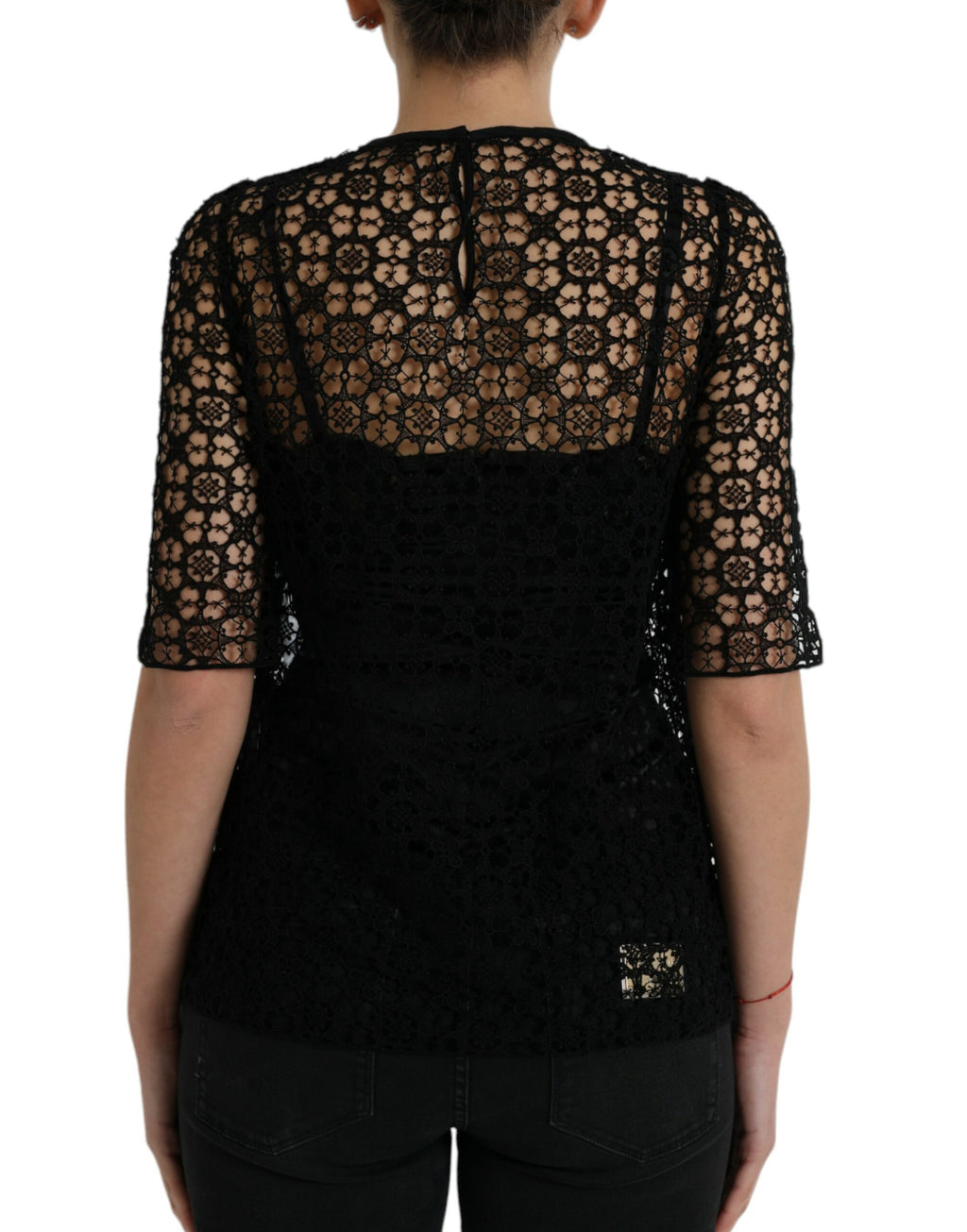 Dolce & Gabbana black floral lace short sleeves blouse with delicate detailing and elegant design.