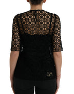 Dolce & Gabbana black floral lace short sleeves blouse with delicate detailing and elegant design.