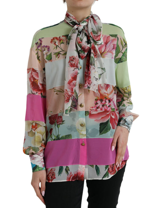 Dolce & Gabbana Multicolor Floral Patchwork Ascot Collar Top Dolce & Gabbana