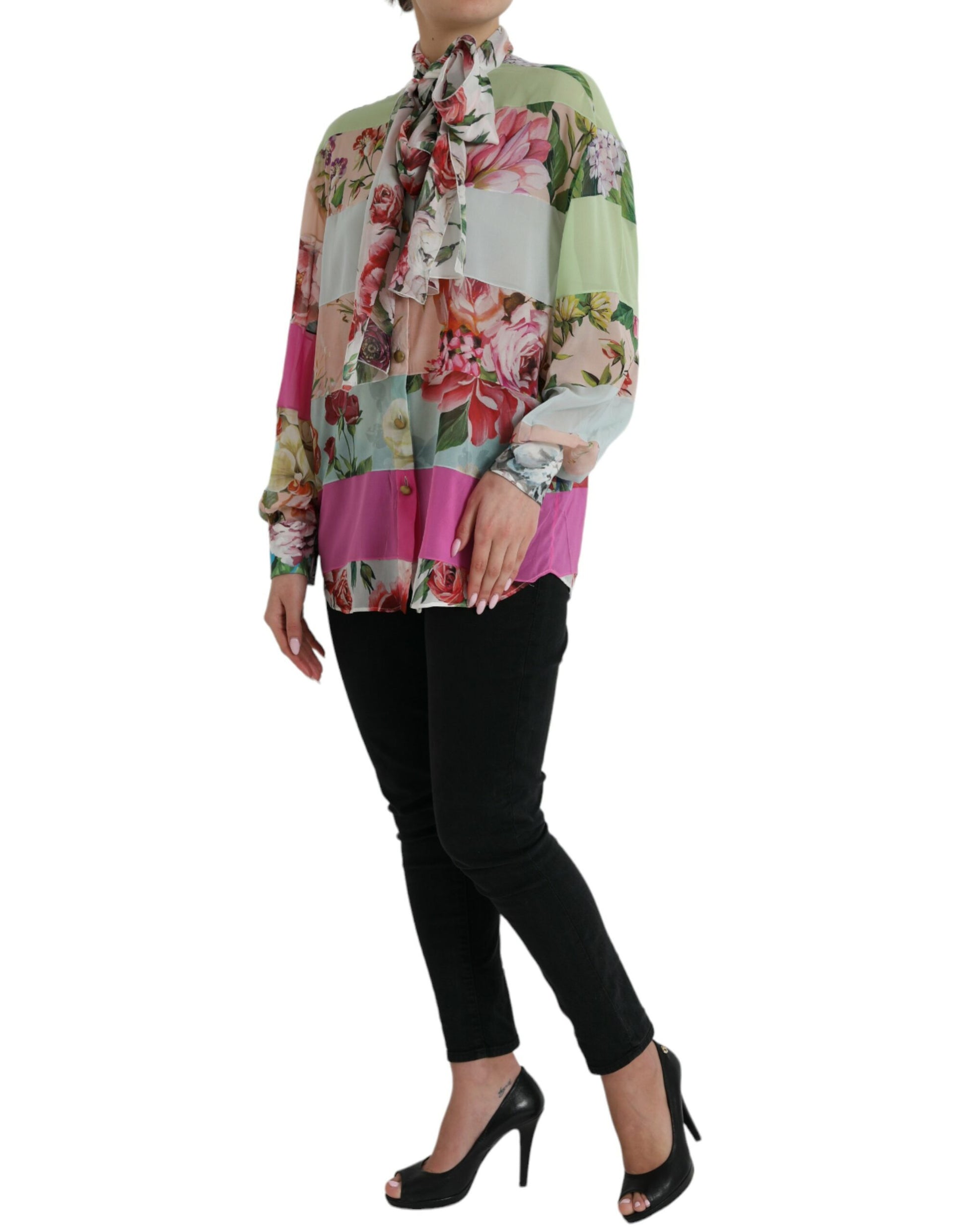 Dolce & Gabbana Multicolor Floral Patchwork Ascot Collar Top Dolce & Gabbana