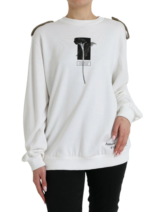 Dolce & Gabbana White Floral Cotton Crew Neck Pullover Sweater Dolce & Gabbana