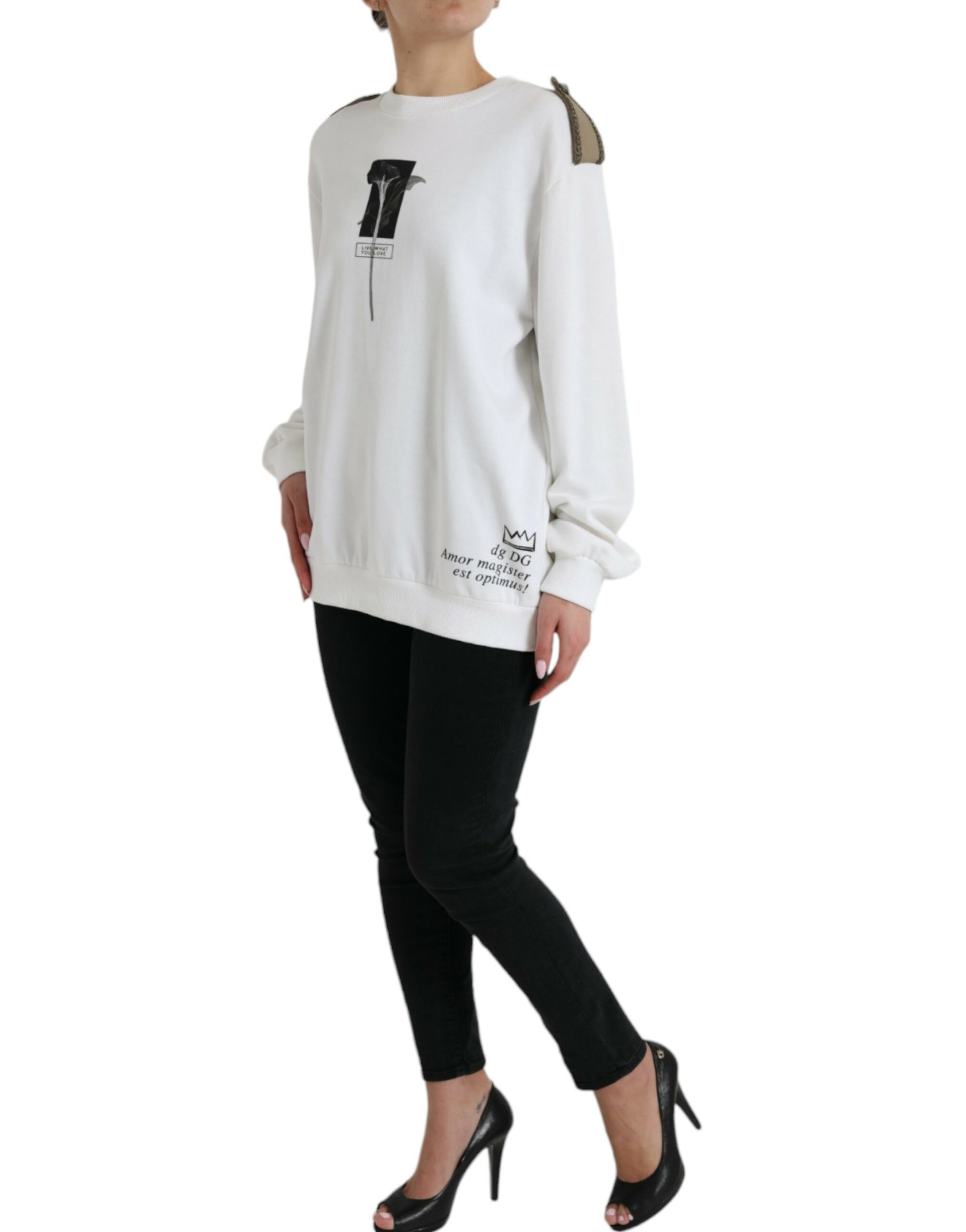 Dolce & Gabbana White Floral Cotton Crew Neck Pullover Sweater Dolce & Gabbana