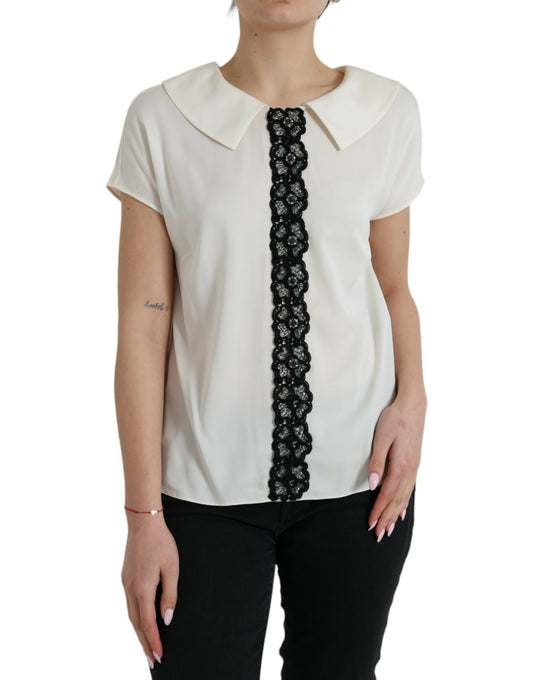 Dolce & Gabbana Off White Silk Lace Trim Short Sleeves Top Dolce & Gabbana