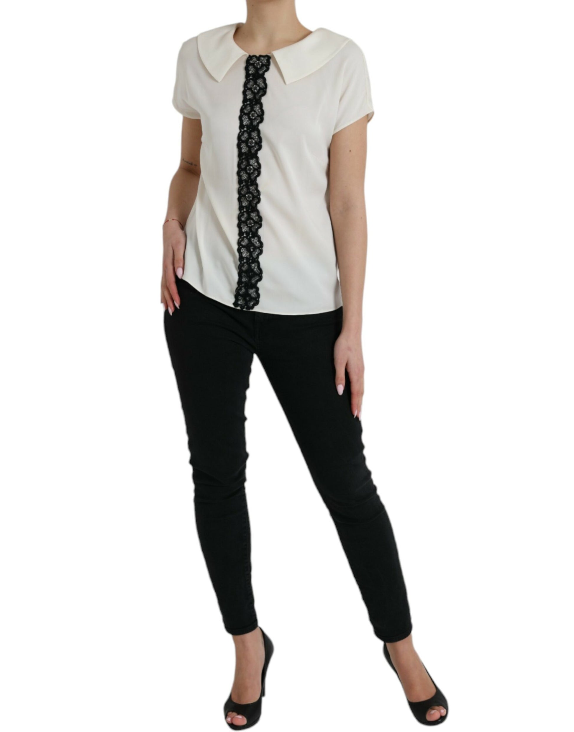 Dolce & Gabbana Off White Silk Lace Trim Short Sleeves Top Dolce & Gabbana
