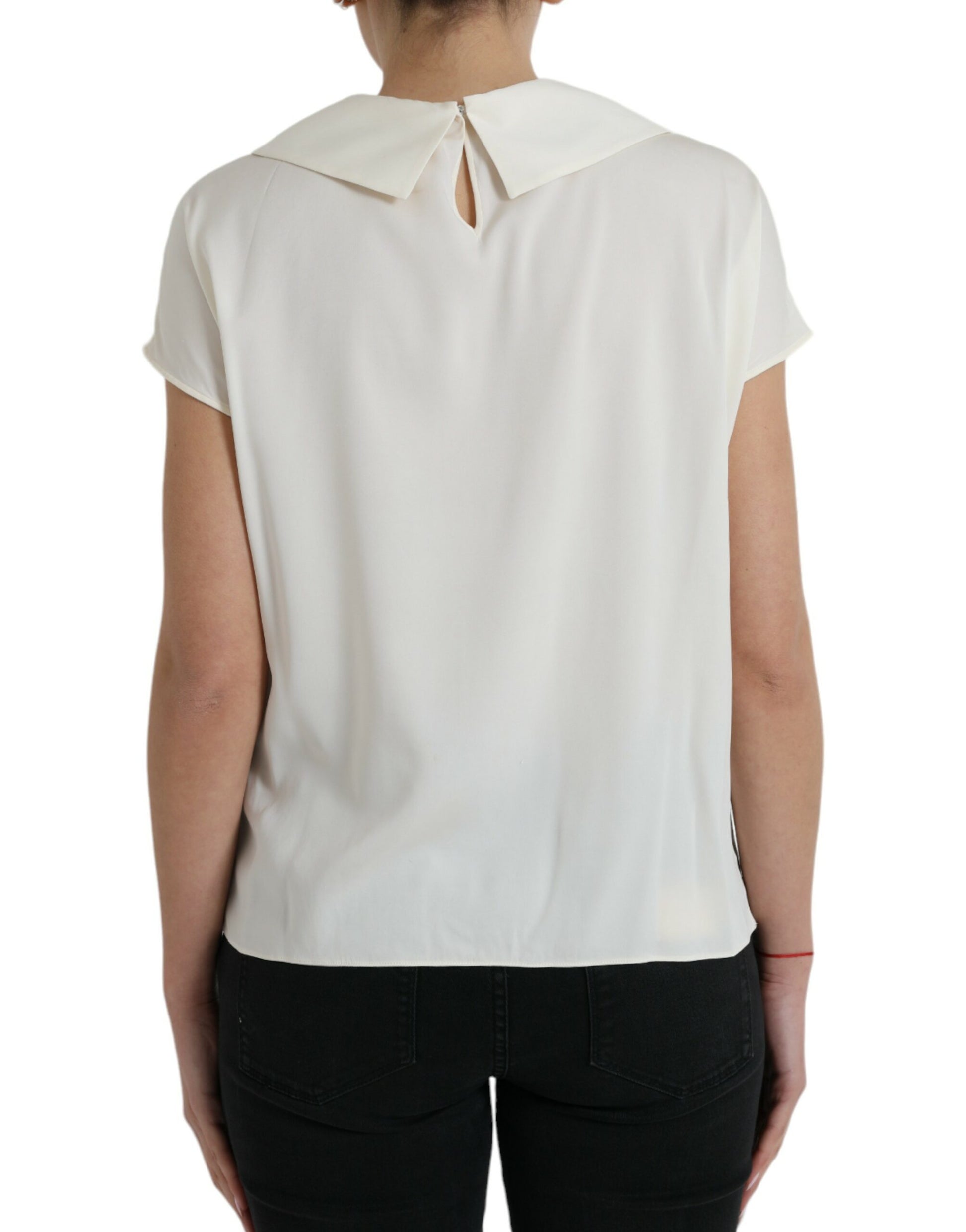 Dolce & Gabbana Off White Silk Lace Trim Short Sleeves Top Dolce & Gabbana