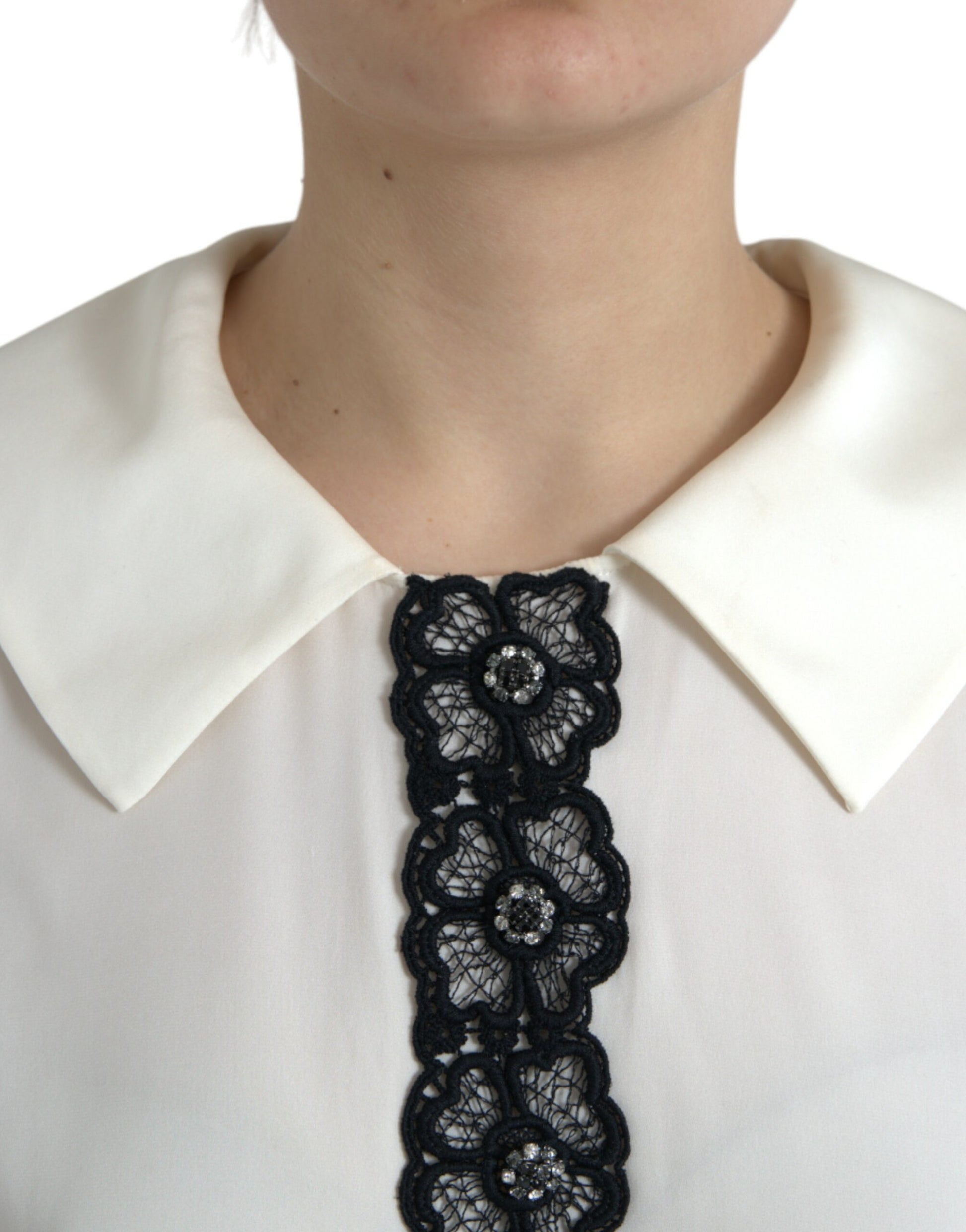 Dolce & Gabbana Off White Silk Lace Trim Short Sleeves Top Dolce & Gabbana