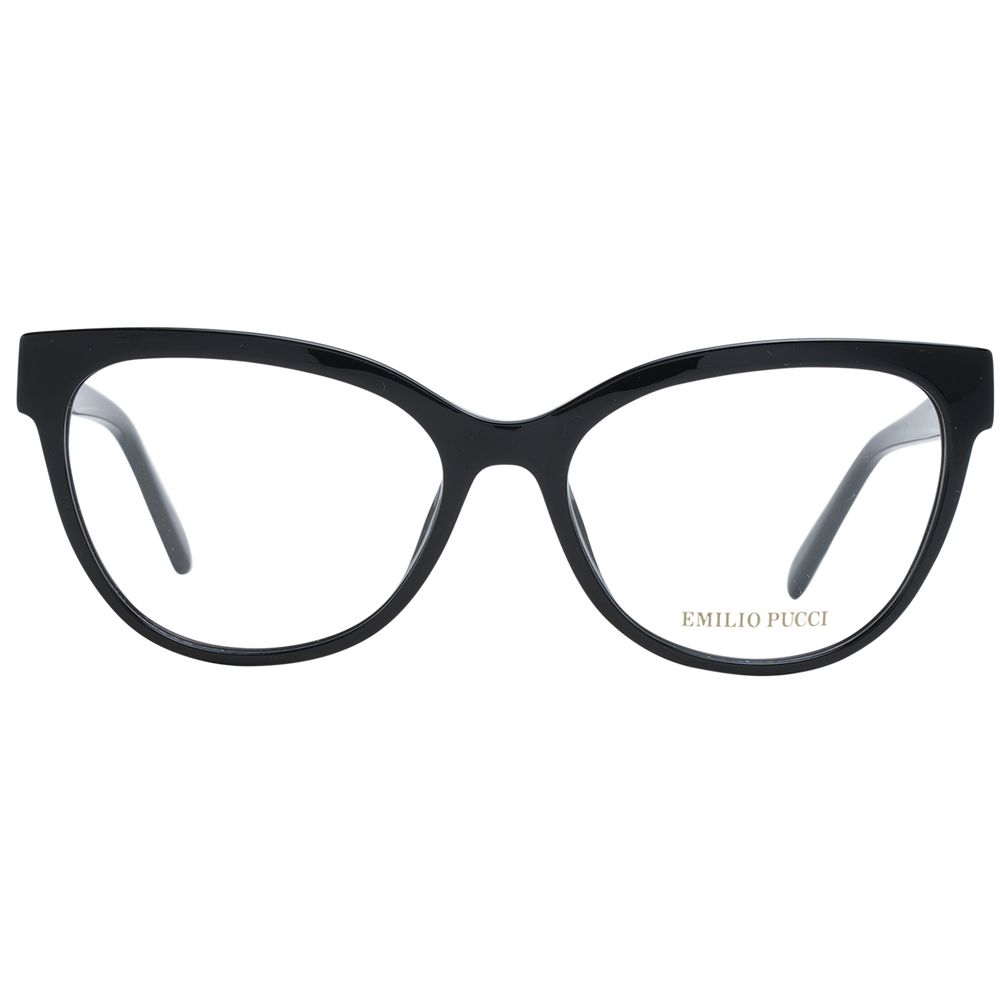 Emilio Pucci black plastic eyeglass frames with a sleek, modern design and bold logo accents.