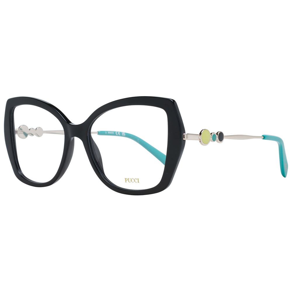 Emilio Pucci black plastic eyeglass frames with a sleek, modern design and rounded lenses.