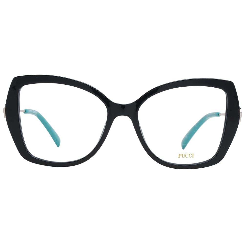 Emilio Pucci black plastic eyeglass frames with sleek, modern design and clear lenses for stylish vision correction.