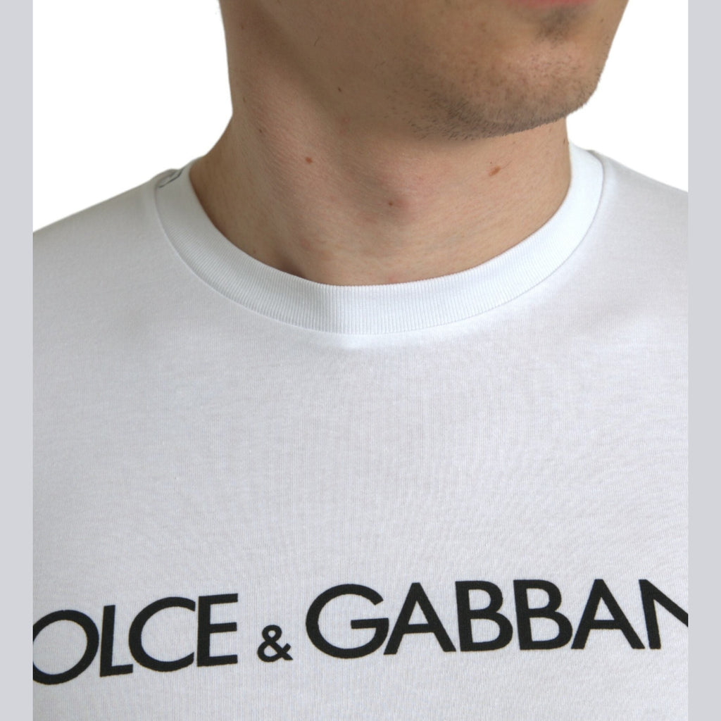 Dolce & Gabbana White Logo Print Cotton Crew Neck T-shirt