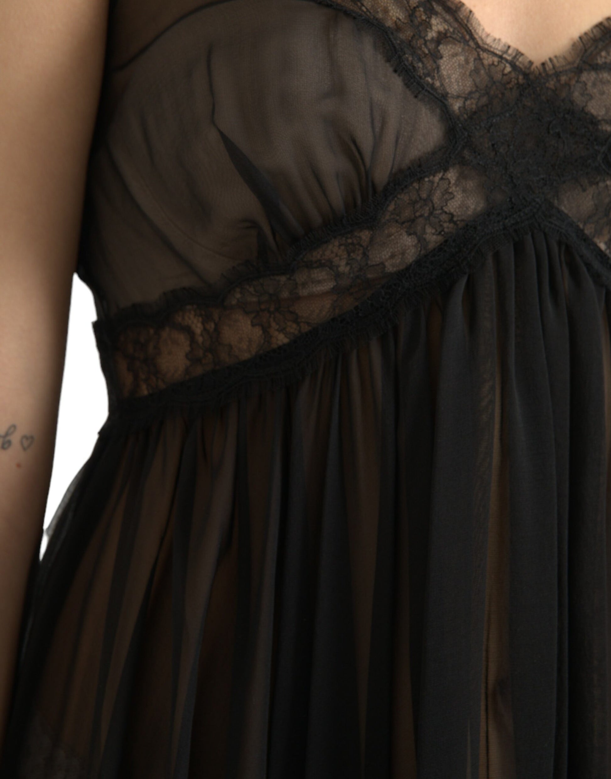 Dolce & Gabbana Black Silk Pleated Lace Chiffon Mini Dress Dolce & Gabbana