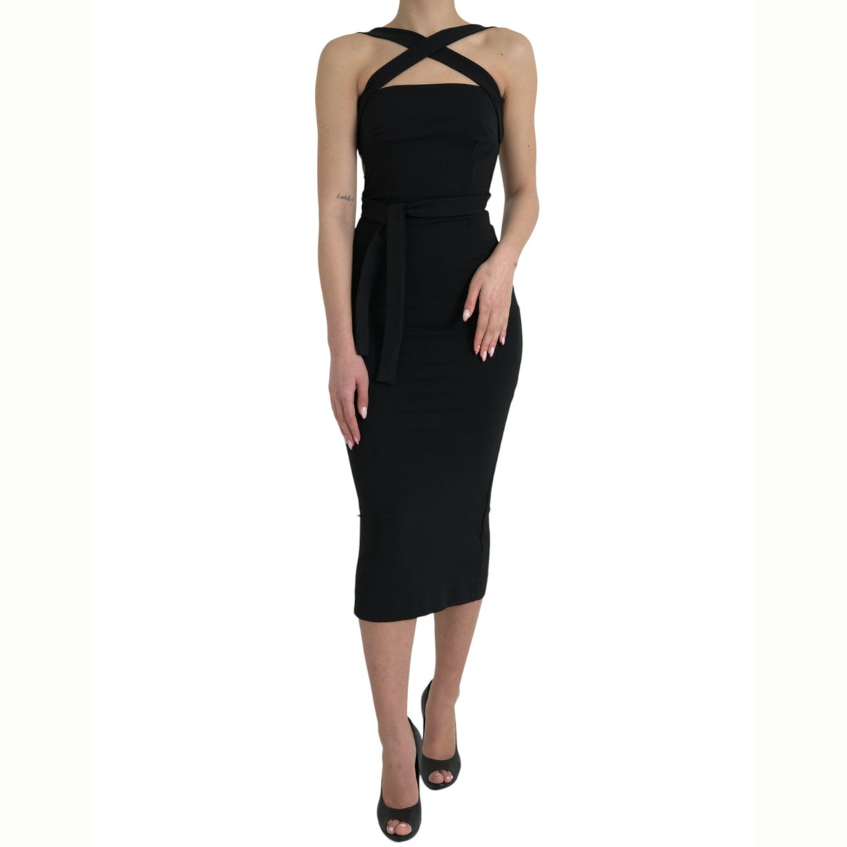 Dolce & Gabbana Black Sheath Halter Sleeveless Midi Dress
